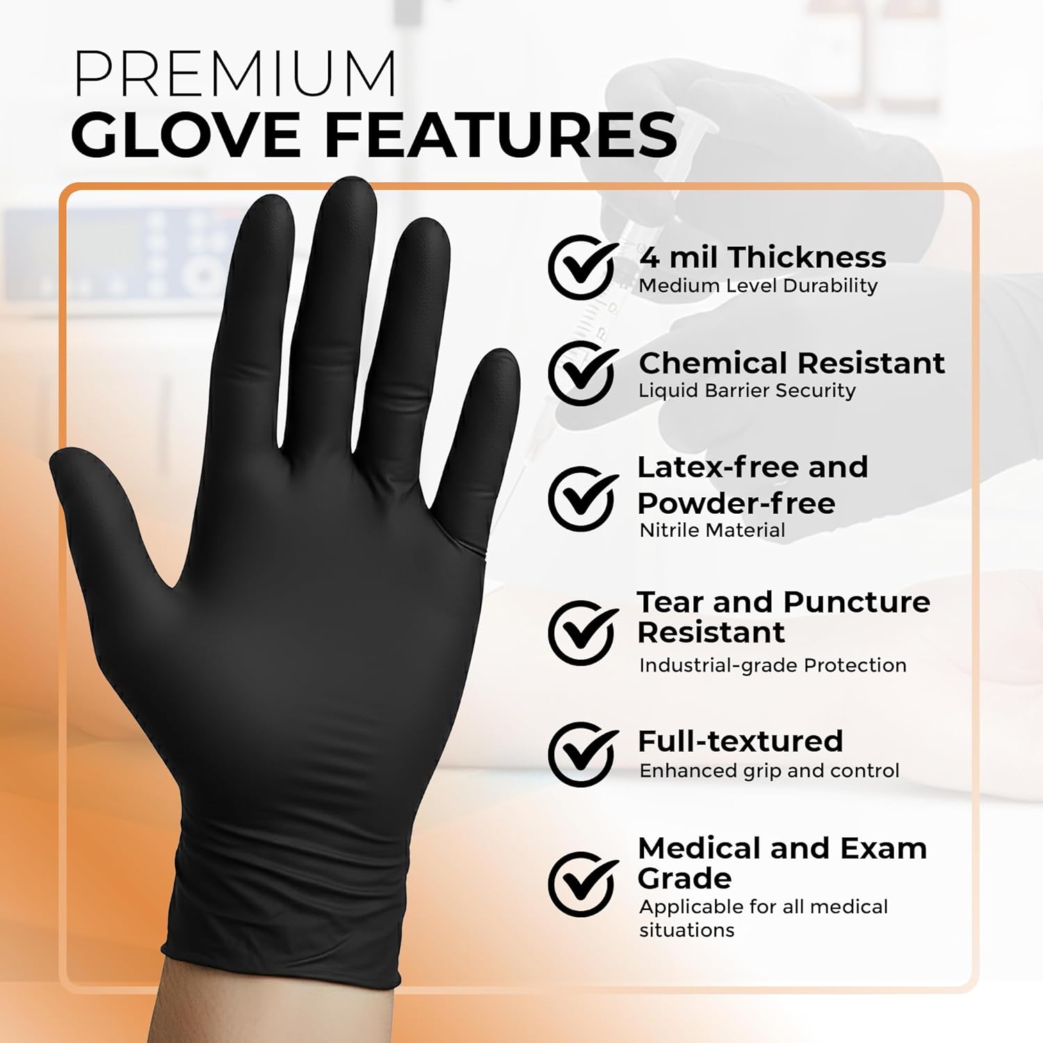 ASAP Black Nitrile Gloves Disposable Latex Free 4 Mil, Powder Free, Food Safe, Medical, Tattoo, Cleaning Gloves