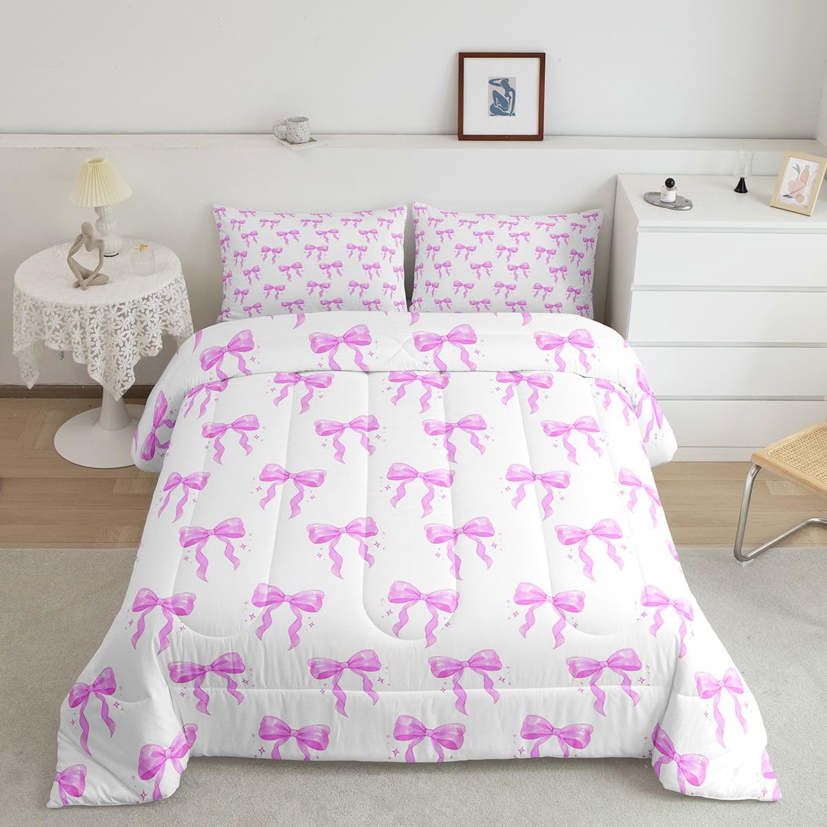 Homewish Dziecięcy uroczy zestaw pościeli z kokardą podwójny- różowa kokardka zestaw pościeli marzycielska księżniczka kokarda kołdra zestaw - kawaii urocza kołdra bez pokrowca