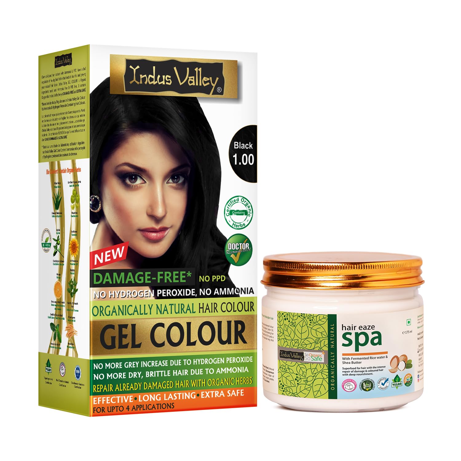 INDUS VALLEY Organically Natural Damage Free Gel Colour Black Herbal Hair Colour with Deep Nourishing Hair Eaze Spa 175ml For Hair Care (220g + 175ml)
