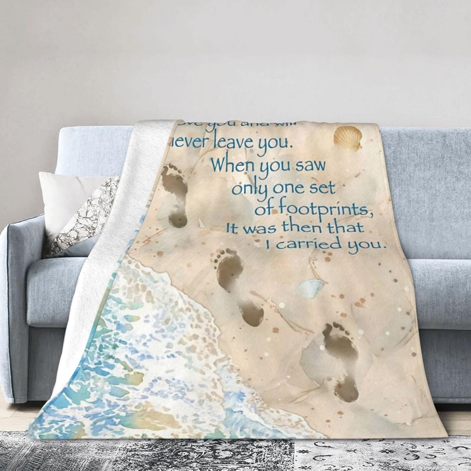 Ultra-Soft Micro Fleece Blanket Footprints in The Sand with Quote Fashion Print All Season Couch Sofa Warm Bed Throw Blanket 60"X50"