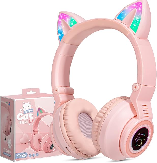 JYPS Kids Headphones Wireless Light Up Cat Ear Bluetooth Headphones Over Ear Childrens Foldable Headphones w/Microphone for Amazon Fire Tablet/Laptop/iPad (Pink)