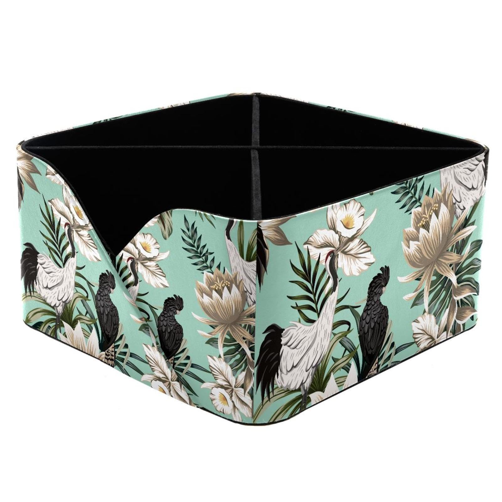 KengjuTesu Crane Bird Parrot Lotus Palm Flower Desktop Organizer Pen Holder, Rectangular Pencil Cup for Office, Study and Makeup Stations