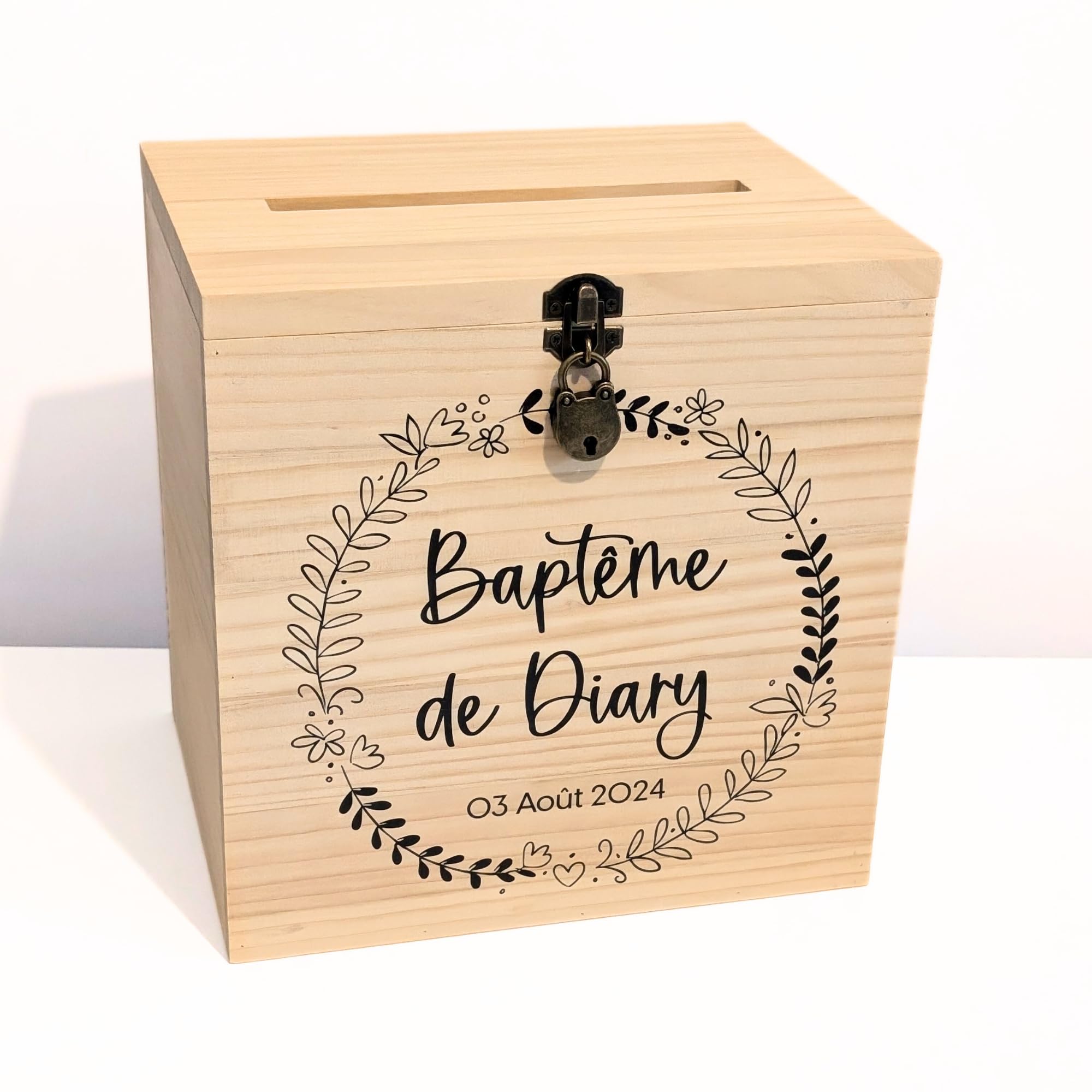 Grande urne baptême personnalisée en Bois avec Cadenas | 25 x 25 x 20 CM | Urne baptême, Communion, Confirmation, Profession de Foi, Baby-Shower, Mariage, Anniversaire | TE Whaka