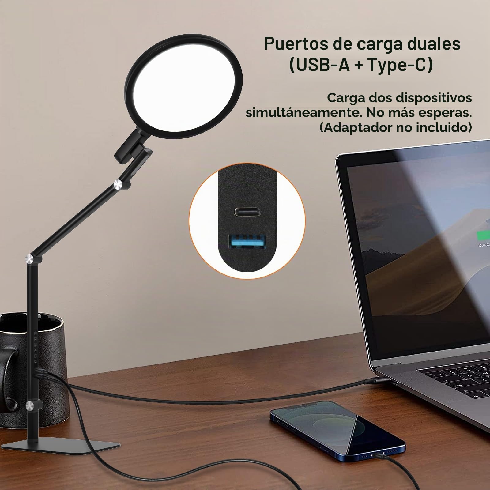 Comely led lámpara de mesa negro tacto Dimmbar 15W led lámpara de mesa nocturna con USB C función de carga 2700K–6000K Ra 97 lámpara de escritorio luz nocturna para dormitorio oficina salón