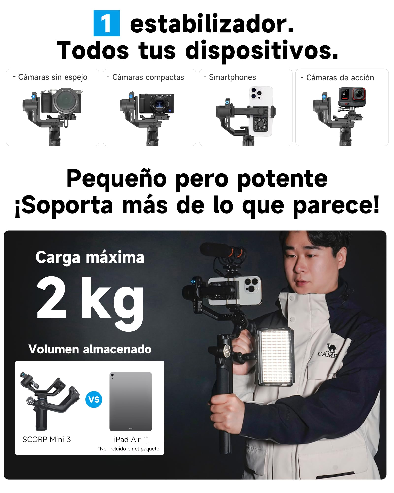 FeiyuTech SCORP Mini 3 Kit - Estabilizador Todo en Uno con Seguimiento AI, 2kg Carga y Pantalla 1.3" - Ideal para TikTok/Youtube/Vlogs - Compatible con Cámaras, iPhone y Cámaras de Acción