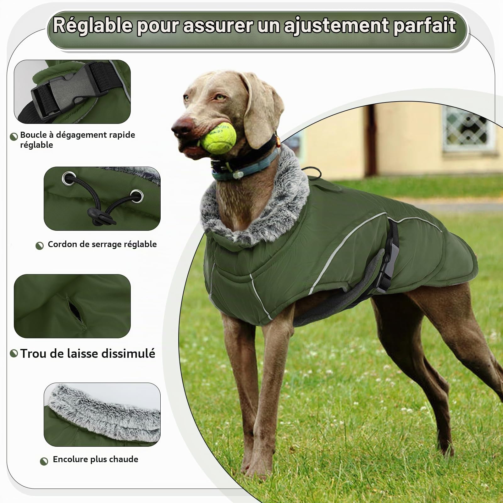Manteaux d'hiver pour Chiens, Manteau Polaire Chien Grande Gilet Chien Hiver Manteau pour Bouledogue Francais Chihuahua avec Bandes Réfléchissantes(Vert Armée, 2XL)