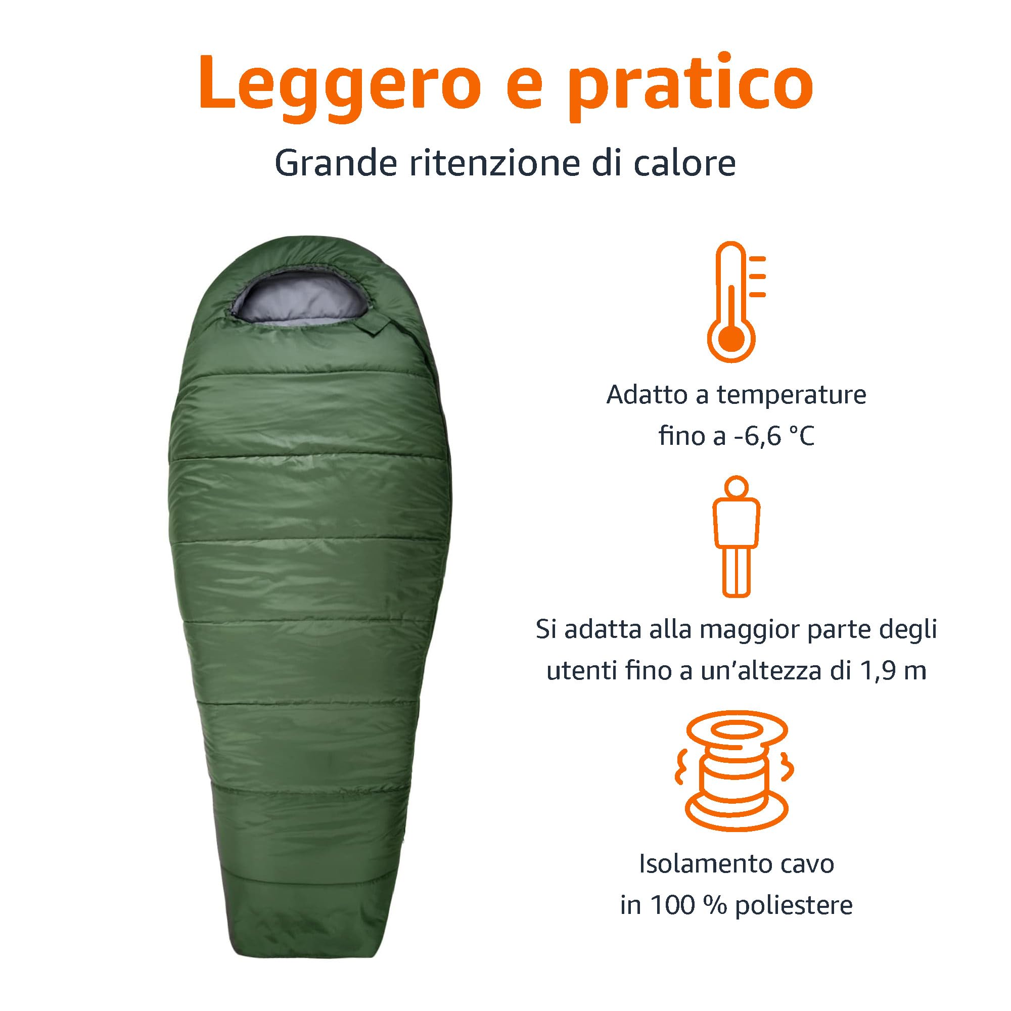 Amazon Basics Sacco a Pelo per Campeggio ed Escursioni con Clima Freddo, Leggero, a Mummia, Verde Oliva