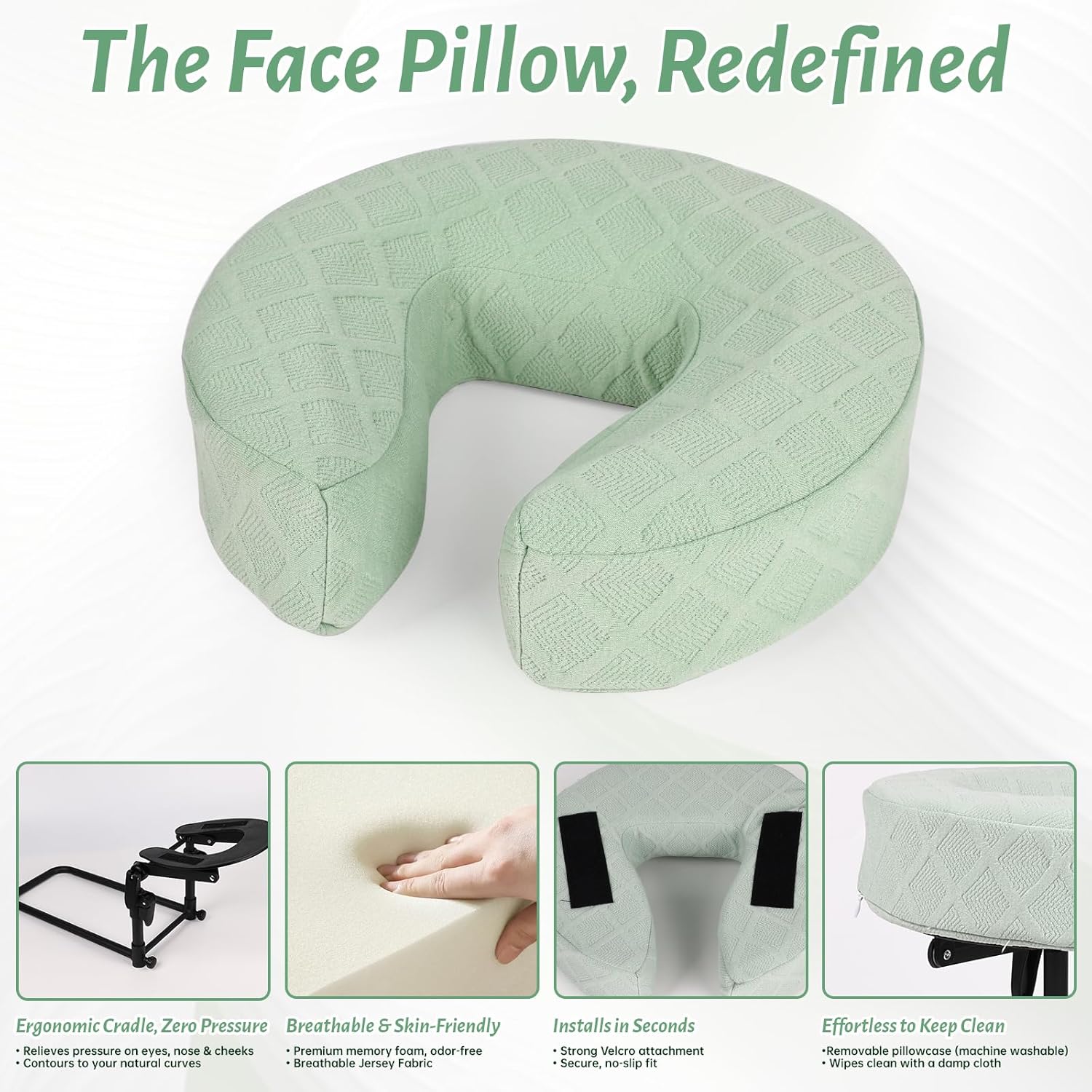 Portable Massage Headrest for Bed, Adjustable Face Cradle & Face Down Pillow, Foldable Home Massage Kit for Mattress Top, Fits 5.5-17.7" Mattress, with Carry Bag - Soft Mint Green