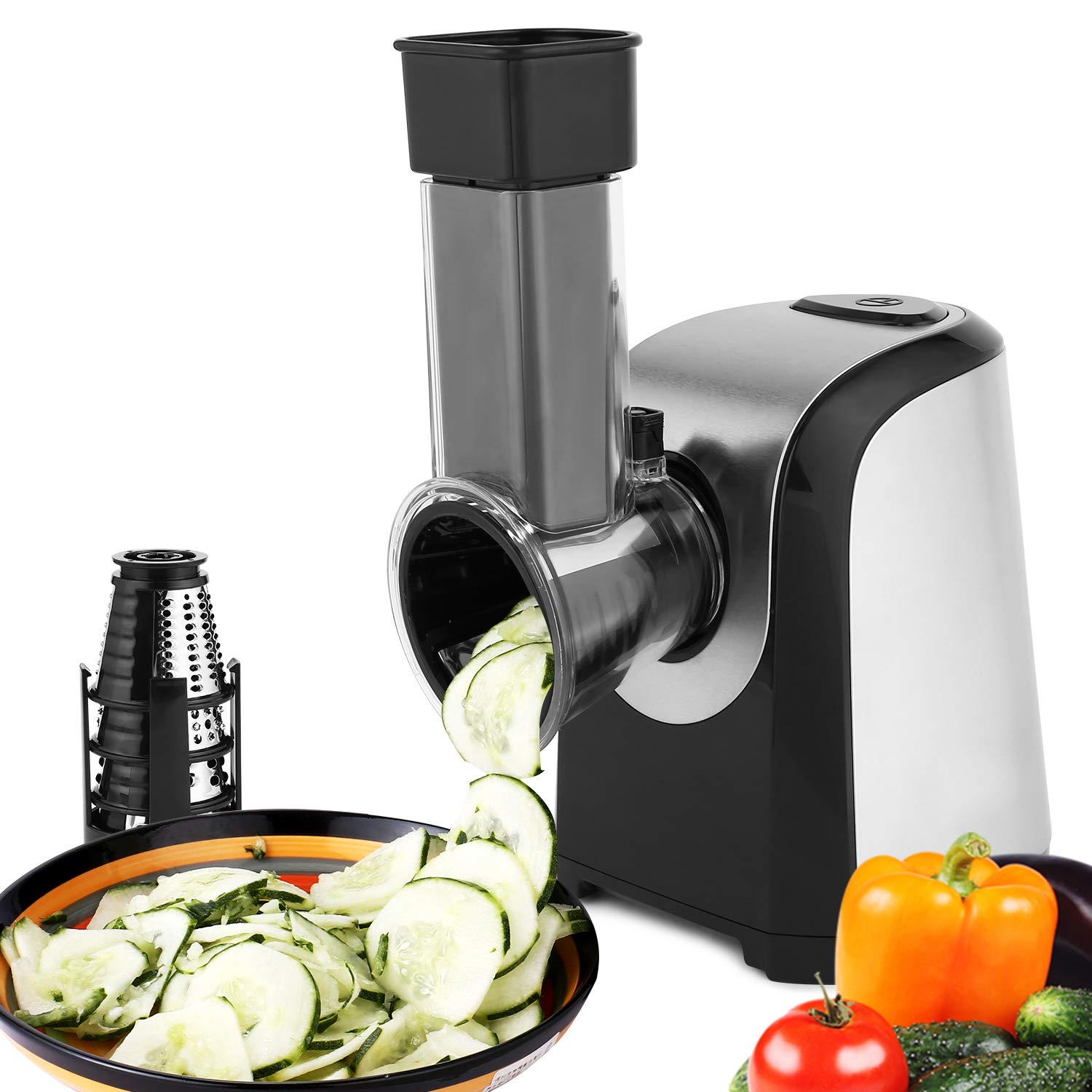 COOCHEER Rallador Electrico, Cortador de Verduras y Fruta Eléctrico 150W con 5 Accesorios y Tubo de Alimentación Grande,para Sus Verduras y Fruta, Sin BPA
