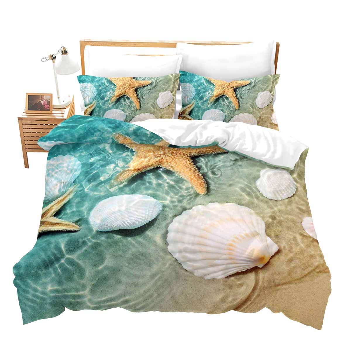 Erosebridal Beach Starfish Bedding King Blue Cute Ocean Creatures Duvet Cover Set Sea Shells Starfish Print Comforter Cover Tropical 3 Piece Beach Theme Bedroom Decorative Bedding Sets with Zipper