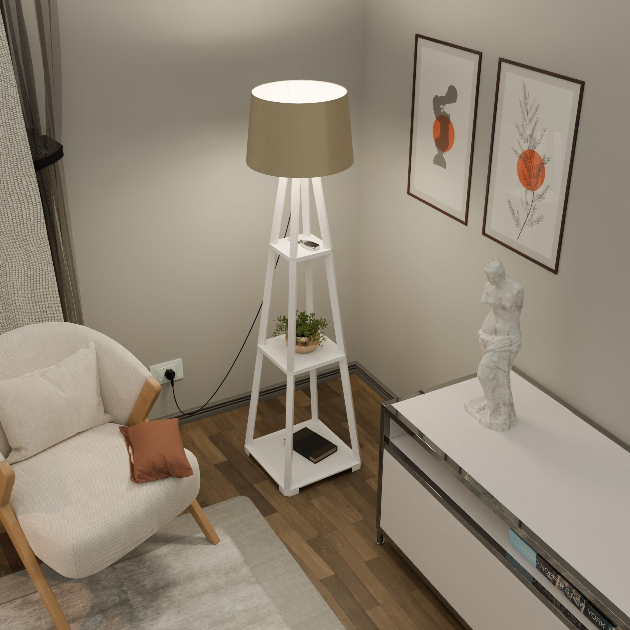 LED Floor Lamp With Shelves, Jute Shade, Multi-Utility For Home Decoration - Antique Tripod Lamp For Living Room, Bedroom, Dorm, Office (White)-image-15