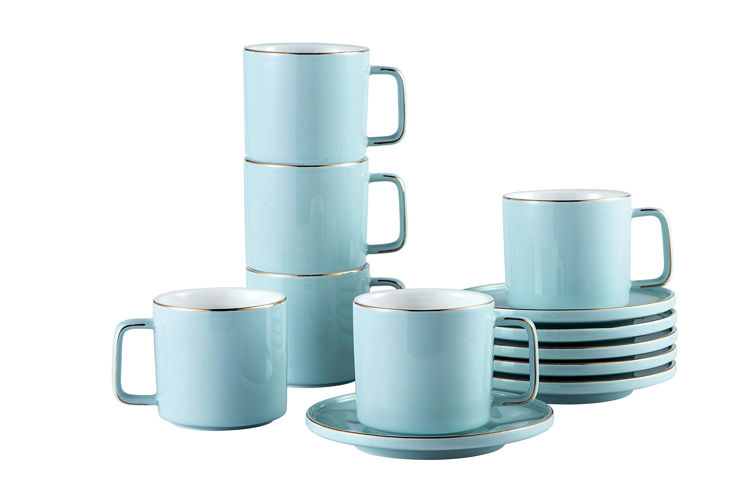 Set of 6 (8.5 oz) Cups and Saucers, Tea Cup Set, Coffee Cup Set, Blue Cups, Cappuccino Cups, British