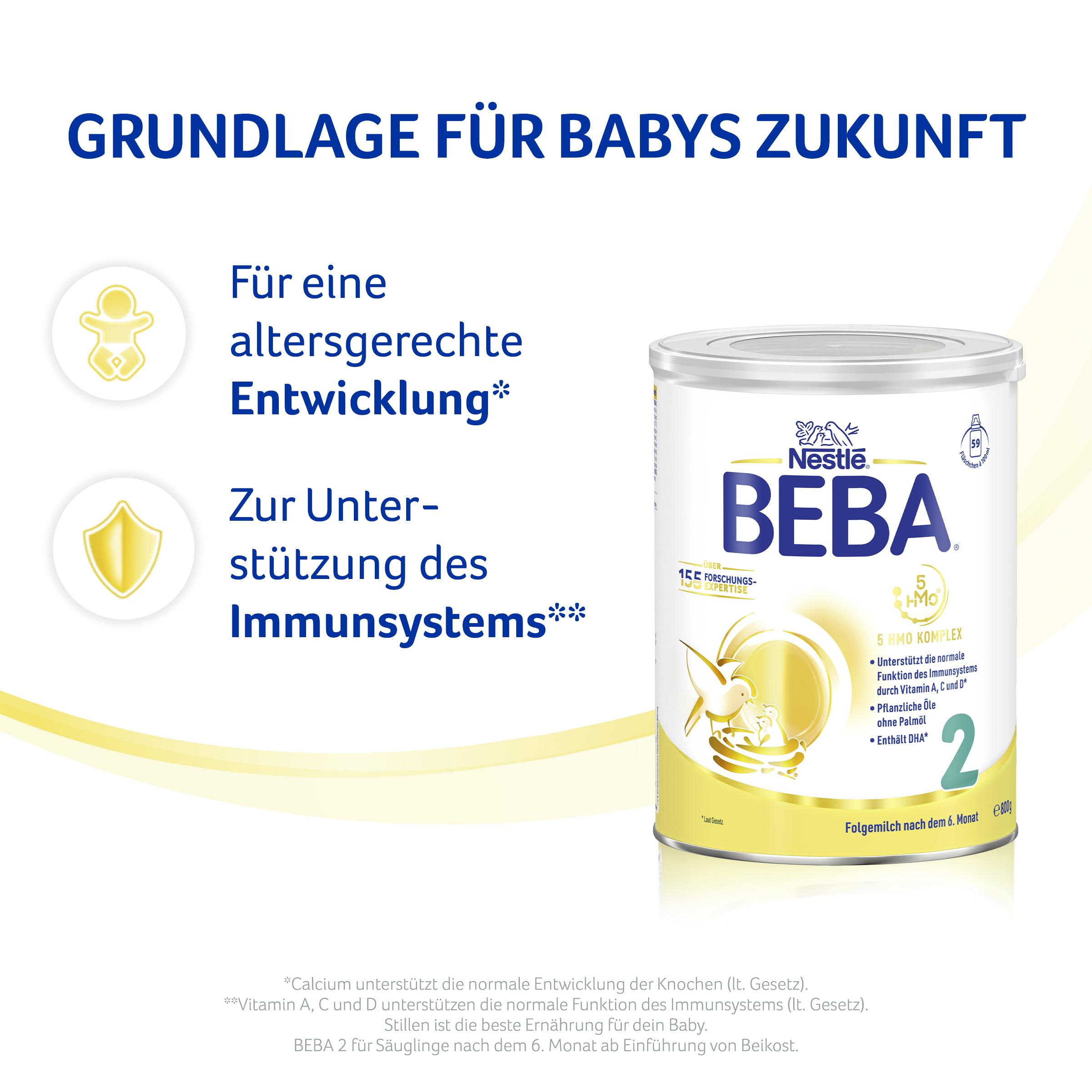 BEBA 2 - Folgemilch nach dem 6. Monat, Mit 5 HMO Komplex, Altersgerecht angepasster Proteingehalt, Nur Laktose, Ohne Palmöl, Ohne Fischöl, Babynahrung, Baby-Milchpulver, 6er Pack (6 x 800g)