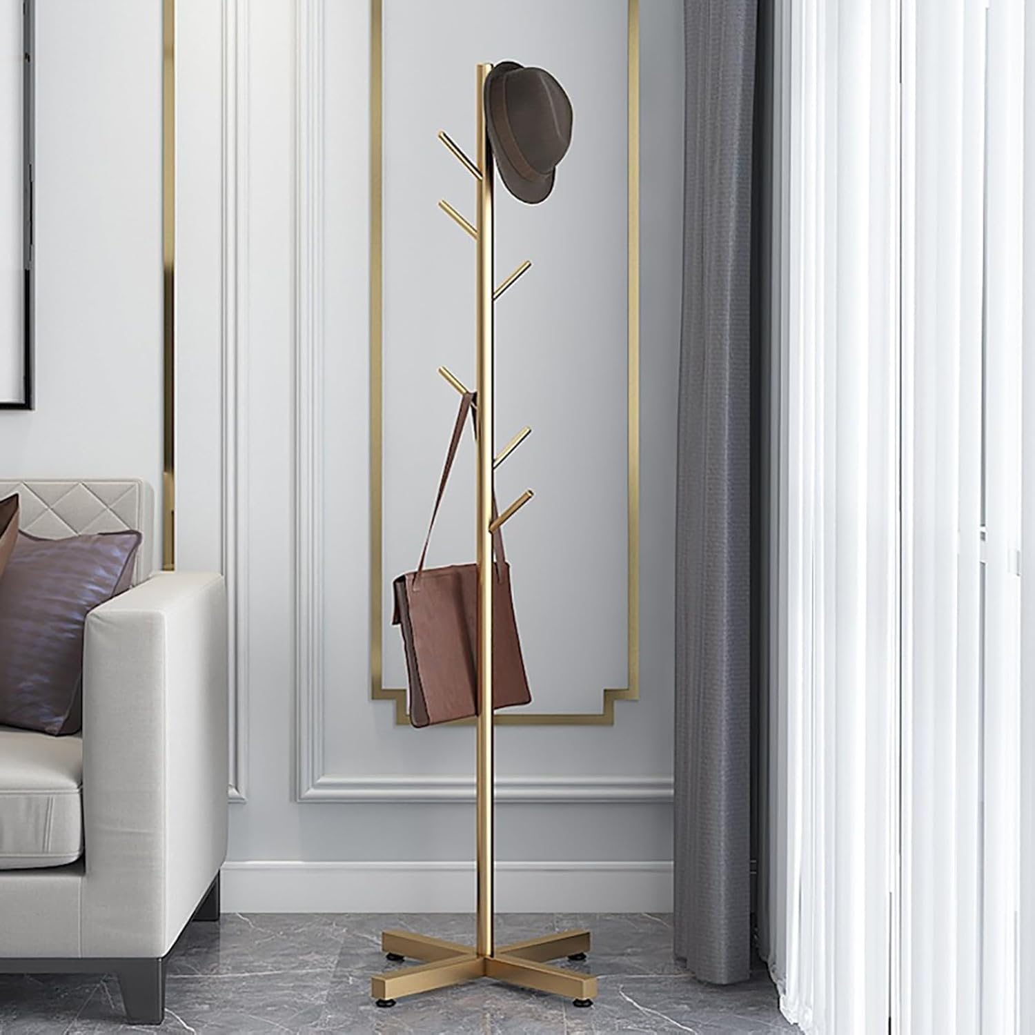 shengyi Metal Coat Rack Freestanding Coat Tree Clothes Stand with 6 Hooks, Coat Racks Easy to Assemble, Coat Tree Stand for Bags, Hats, Entryway, Office B,170x42x42cm