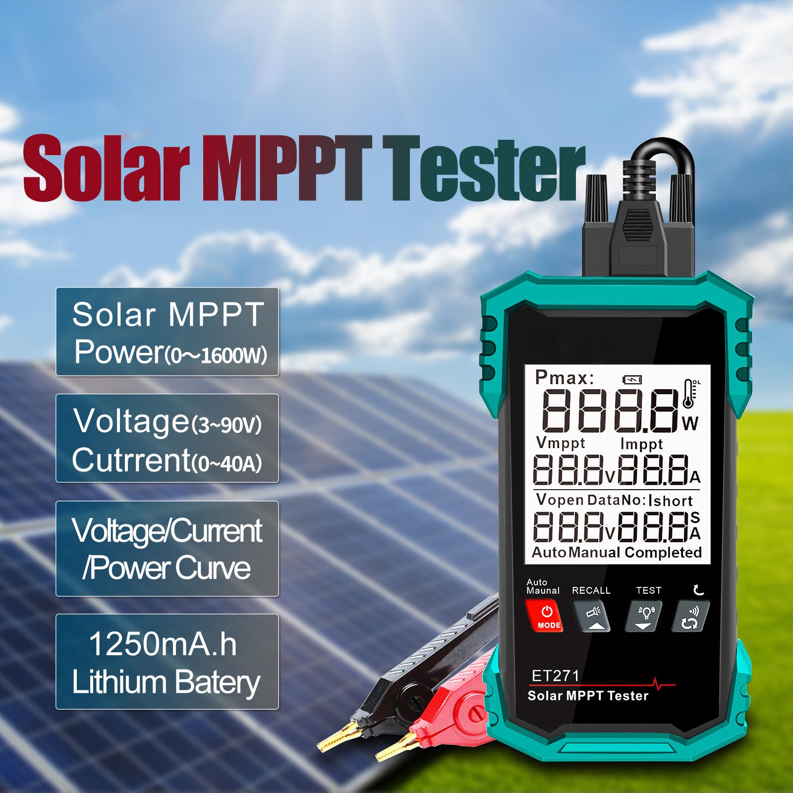 Tester paneli słonecznych, pomiar mocy 1600 W, narzędzie do analizy MPPT z funkcją przechowywania danych, wielofunkcyjny tester paneli słonecznych, multimetr fotowoltaiczny