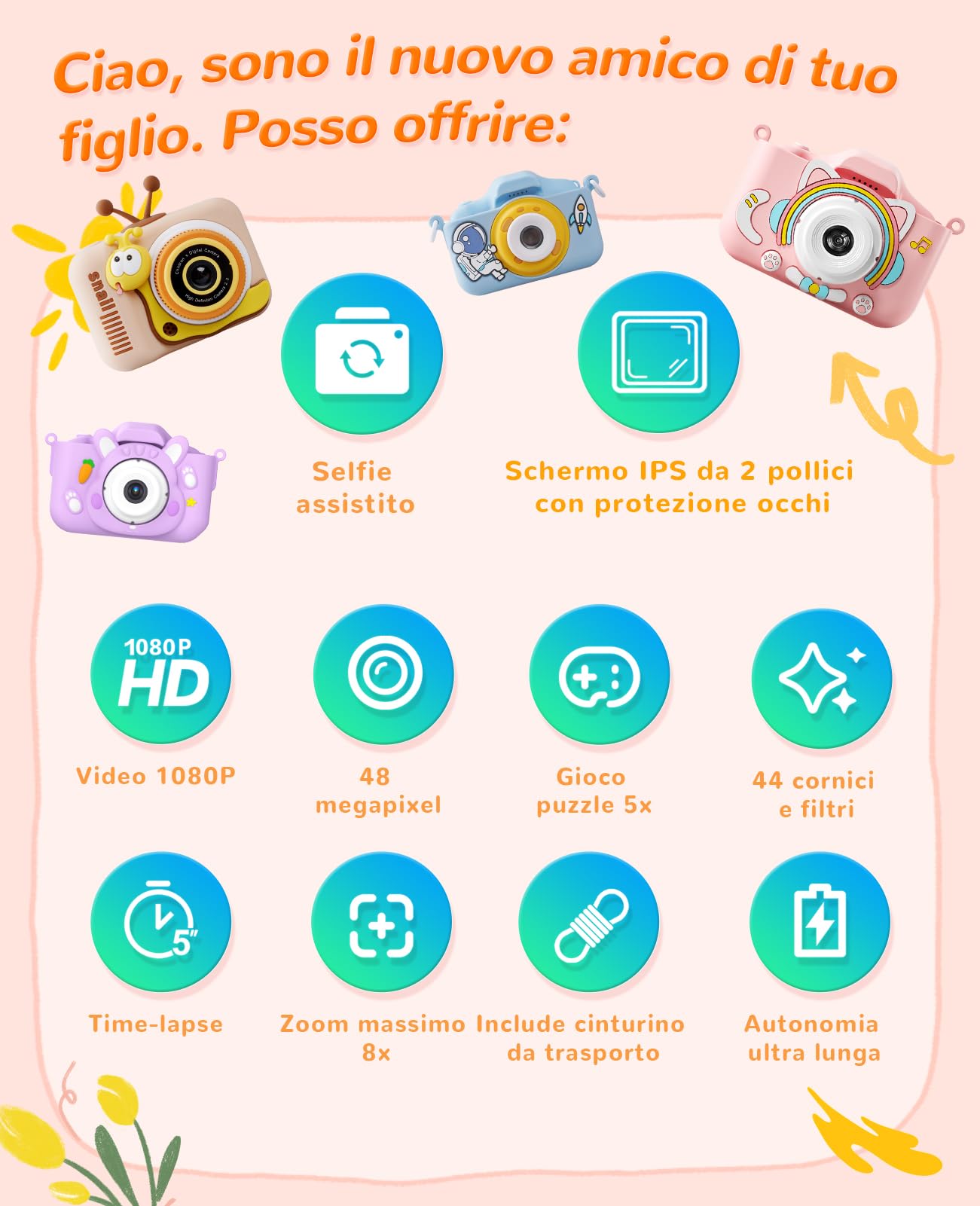 Fotocamera Digitale Bambini 1080P IPS 2.0" 44 Cornici 5 Giochi Educativi Gattino