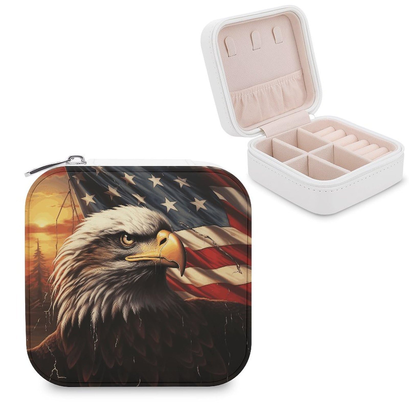 VstaDank Flag And Eagle Travel Jewelry Case Zipper Portable Small Jewelry Box Custom Pu Leather Mini Traveling Jewelry Organizer for Rings Earrings Necklace Bracelet Girls Women
