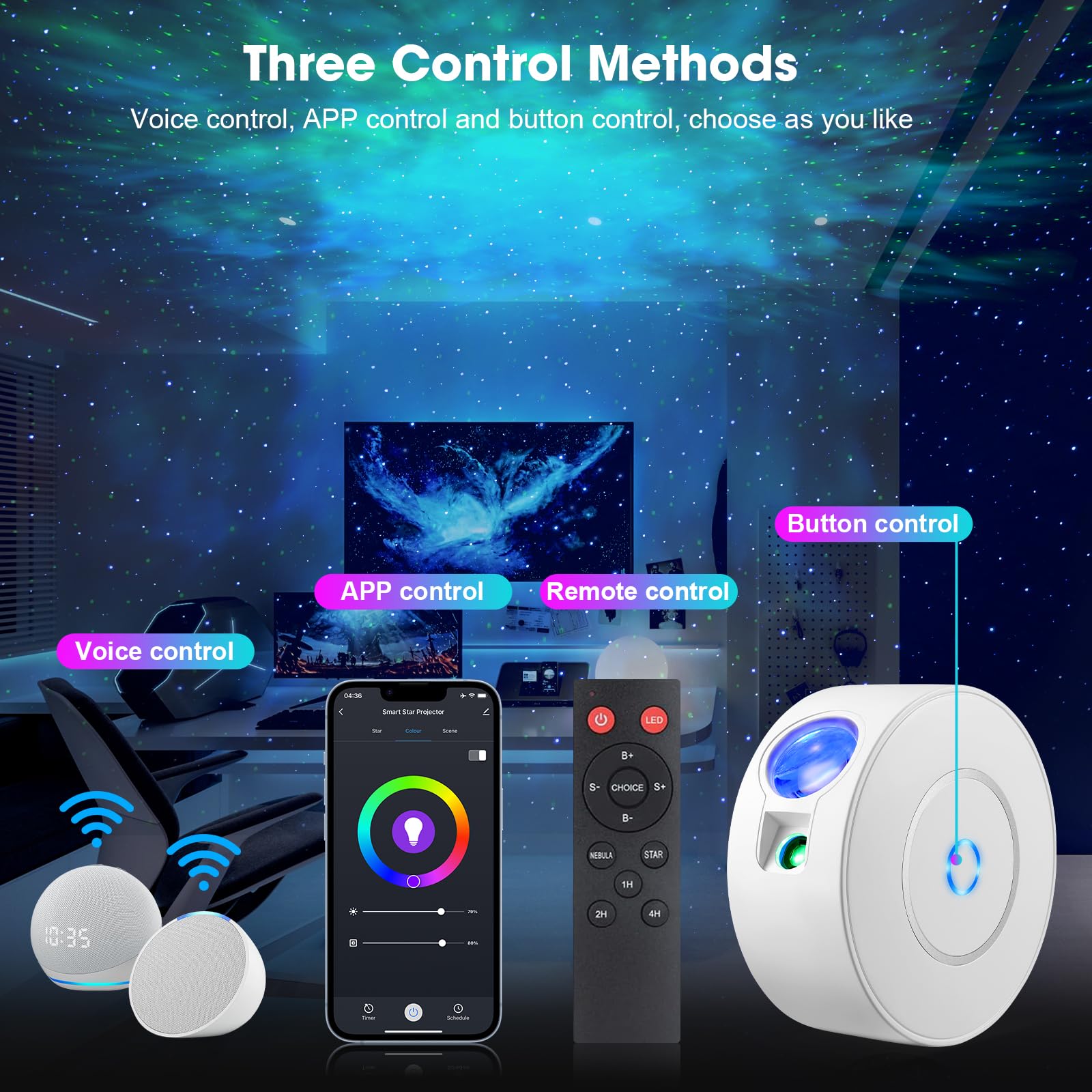 Proiettore Aurviv Smart Starry Sky, proiettore Galaxy Wi-Fi con telecomando, app e controllo vocale, proiettore planetario per decorare la stanza, proiettore di stelle per bambini e adulti
