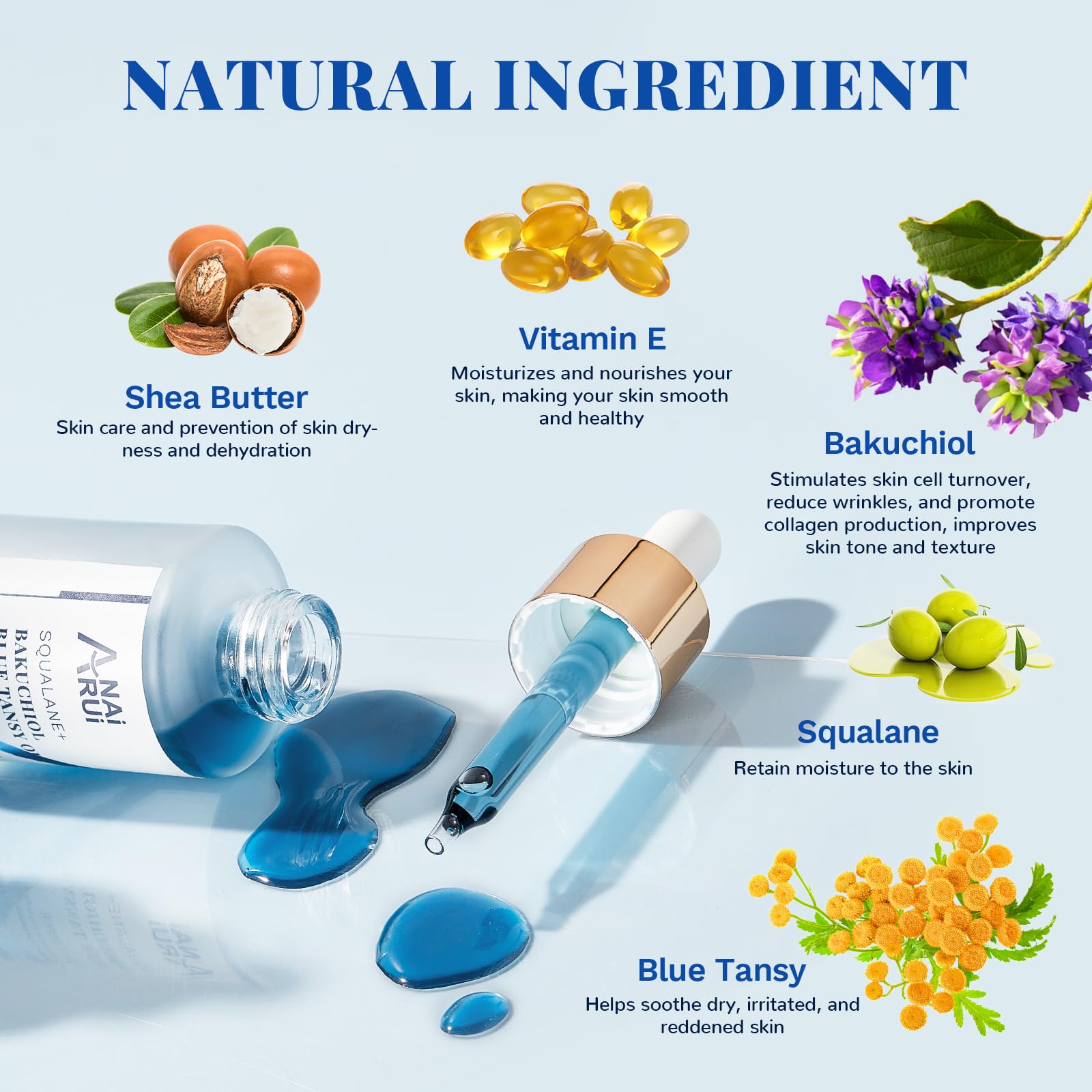 ANAiRUi Bakuchiol Oil, olej roślinny, naturalna alternatywa retinolu, z niebieskim tansy, skwalanem, jojobą, redukuje wygląd drobnych linii, zmarszczki, kojący, 30 ml