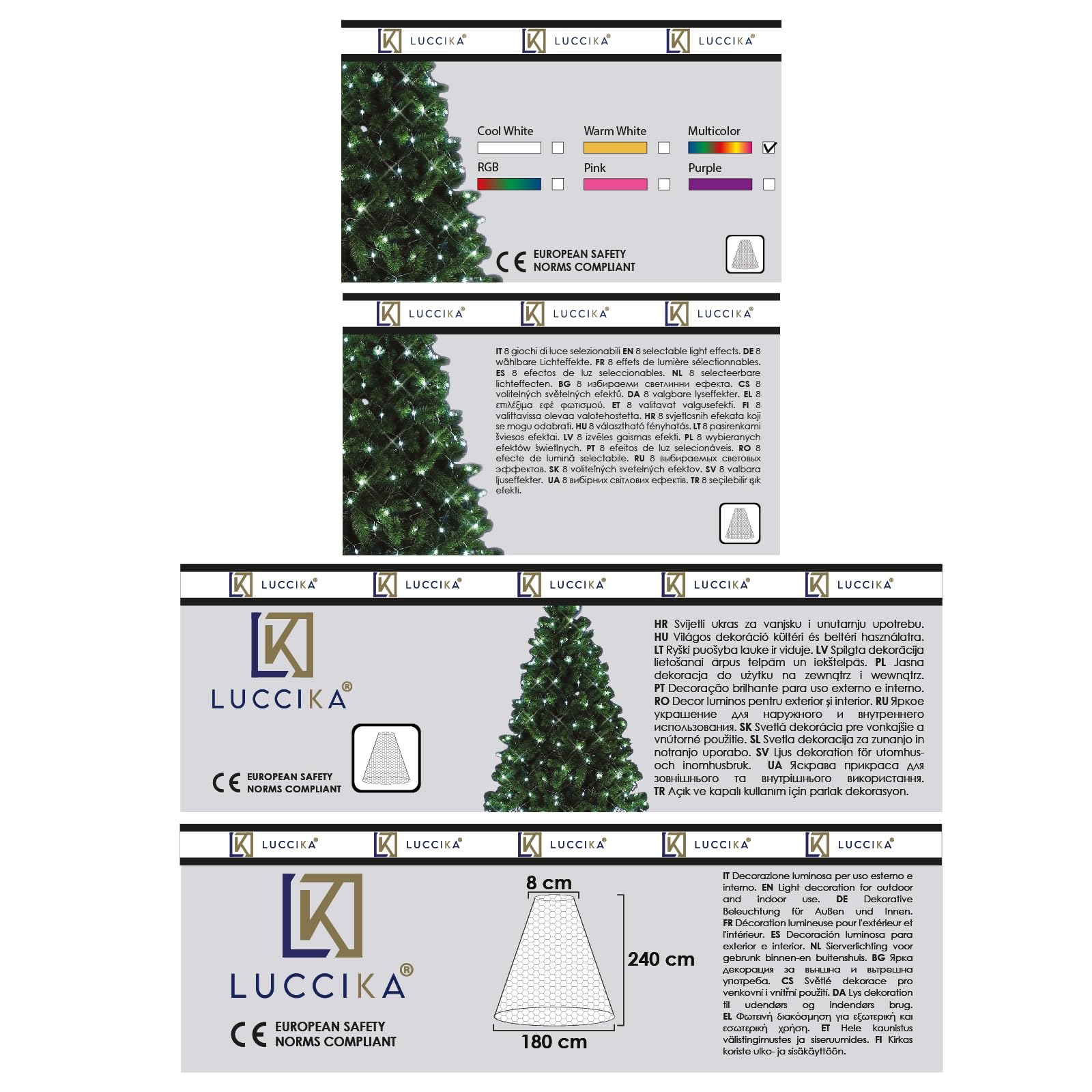 Luccika Siatka świetlna z 240 wielokolorowymi diodami LED na choinki o wysokości od 180 do 230 cm z pamięcią i 8 efektami świetlnymi do wewnątrz i na zewnątrz