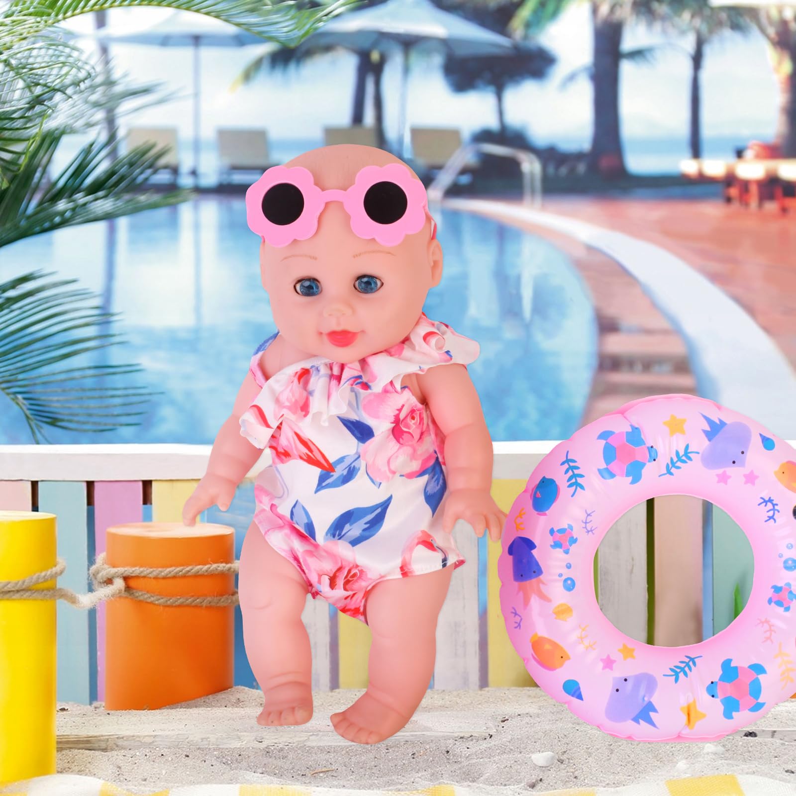 Set da Nuoto per Bambole con Costume da Bagno per Bambole, Occhiali da Sole Bambola Rosa, Anello per Il Nuoto Bambolotto, Costumi da Bagno per Bambole 35-45 cm, Accessori per Bambole (A)