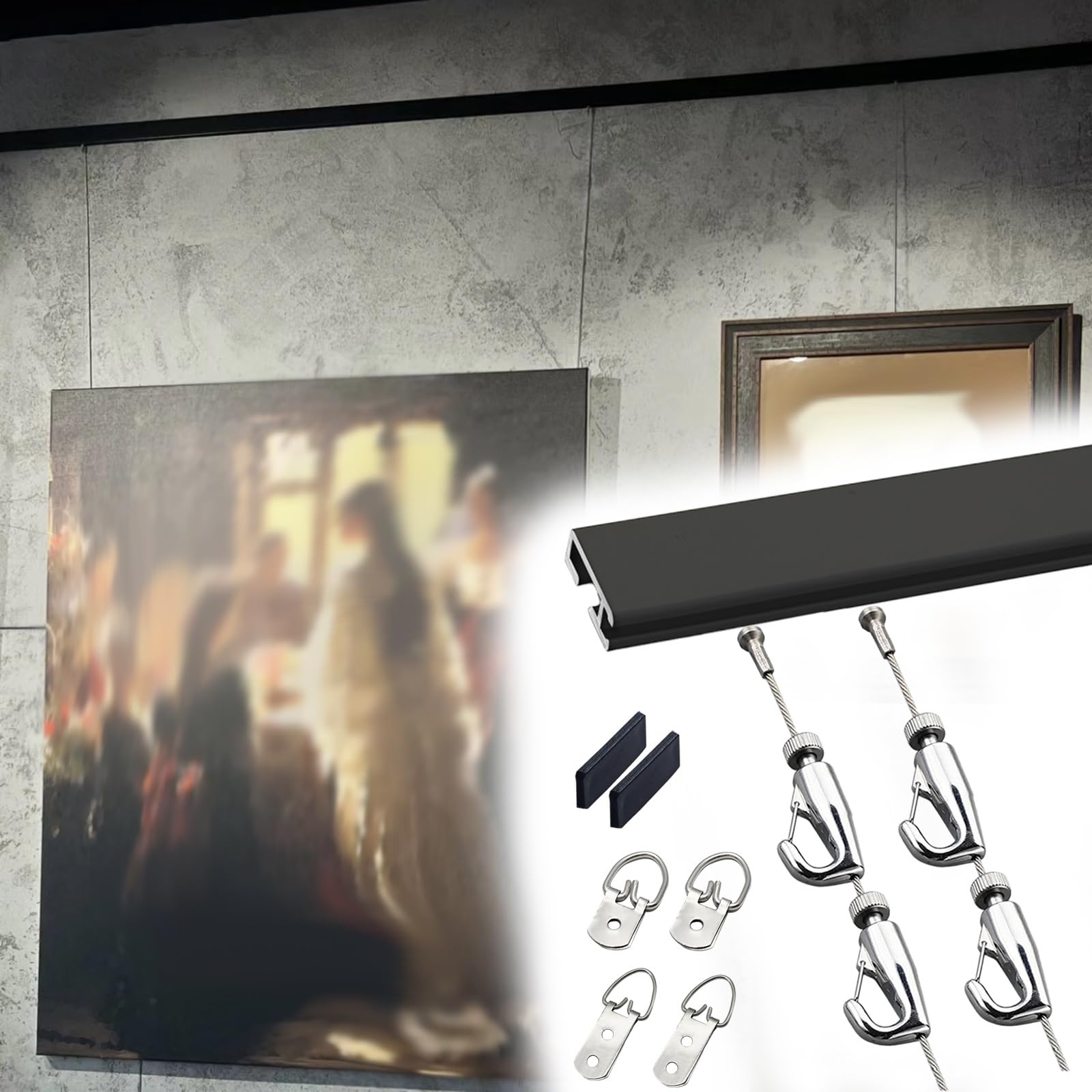Generisch Verstellbares Bilderaufhängesystem – 1 m Lange Aluminium-Wandschiene und 2 m langes Kabel. Galerie-Kunstdisplay-Set mit Zubehör für Zuhause/Studio, Flexible Fotodisplay-Lösung