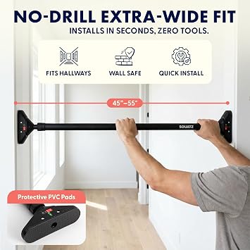 Doorway Pull Up Bar, Adjustable Door Frame Pull Up Bar with Level Meter, Locking Mechanism & Foam Grips, No Drill Chin Up Bar for Door Frame, Portable Design for Home Workouts