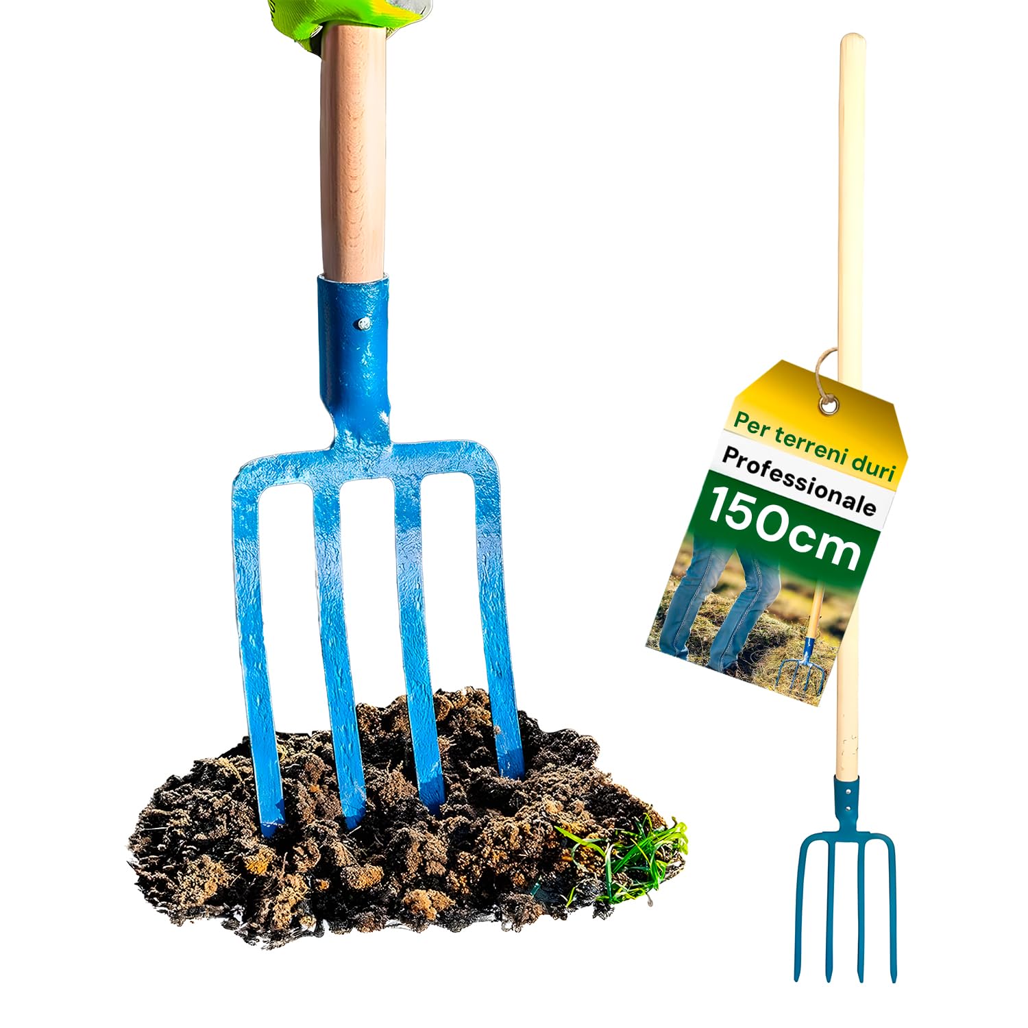 Avilia Forca per Vangare a 4 Denti in Acciaio con Manico in Mogano 150cm - Forca da Scavo e Giardino, Testa Forgiata 16cm, Ideale per Terreni Duri e Trapianti, 150x10x16cm