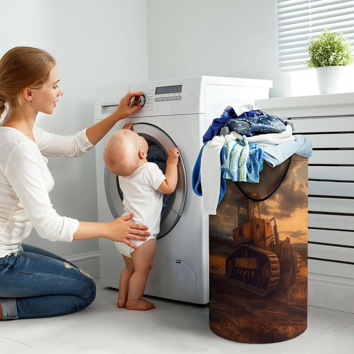 Bulldozer Evening Laundry Hamper Large Collapsible Laundry Basket with Handles Waterproof Clothes Hamper Portable Dirty Clothes Basket for Bedroom Laundry Room Closet Bathroom