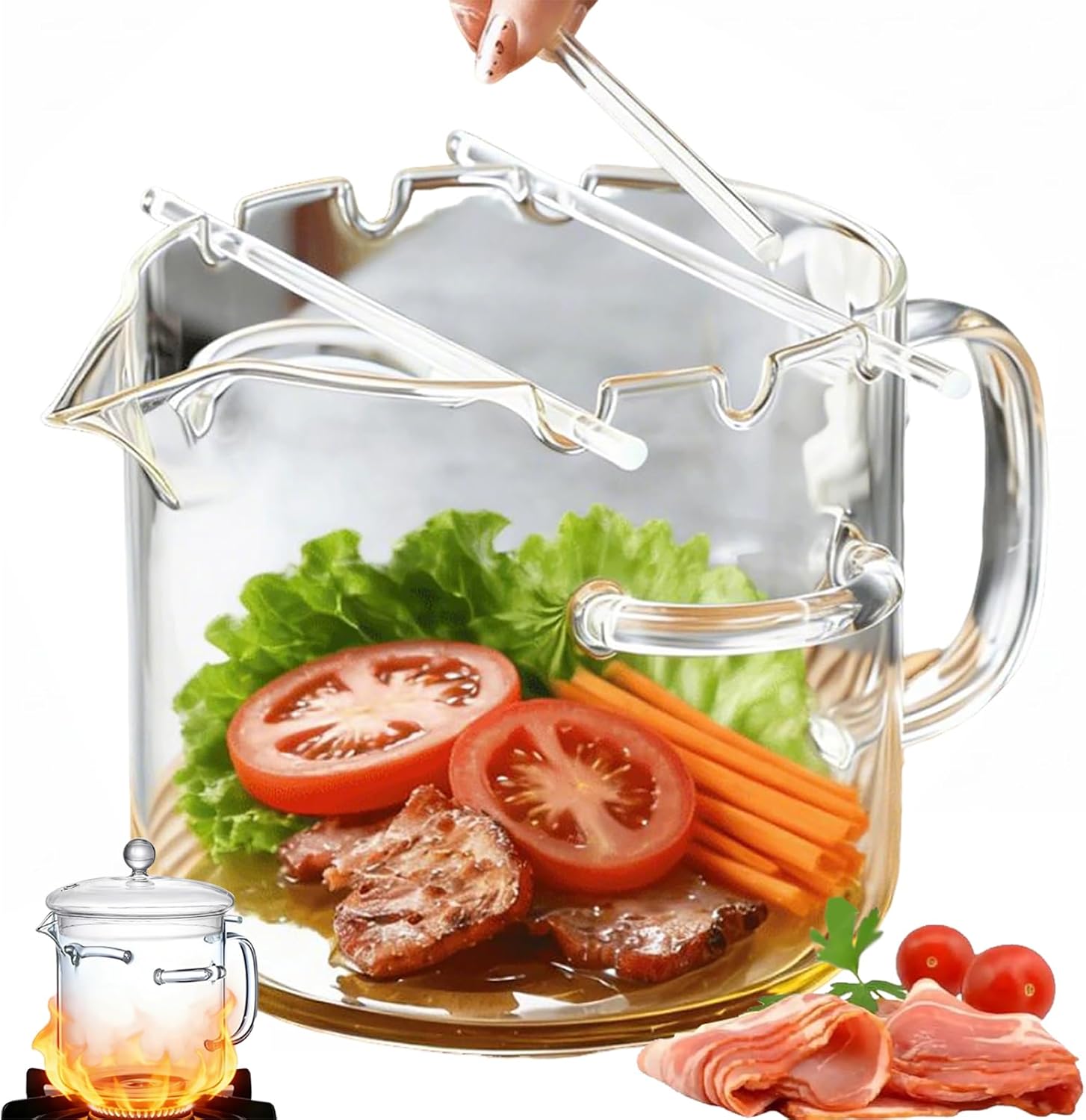 Glass Microwave Bacon Cooker, 71oz Heat-Resistant Splatter-Free Bacon Maker Versatile Cooking Pot with Easy Grease Drain Tray And Glass Cover