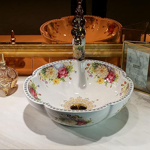 Miniatura 3 de Fregadero de cerámica para baño, forma de flor, diseño de peonía, porcelana, sobre encimera, fregadero para bar y guardarropa, cuenco chino de