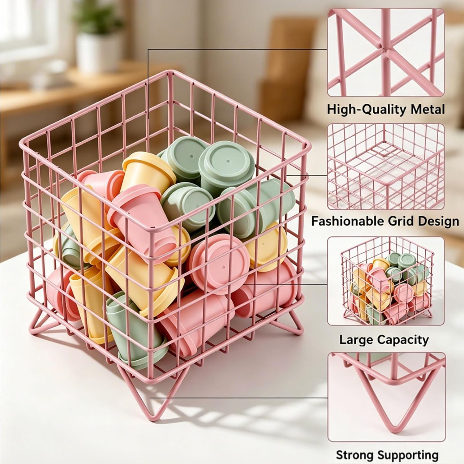 K Cup Holder, 5.3" x 5.3" x 6.3" Coffee Pod Basket Metal Storage Bin, Large Capacity Countertop Organizer for Coffee Capsules & Desk Supplies, Coffee Bar Accessories for Kitchen, Office, Pink