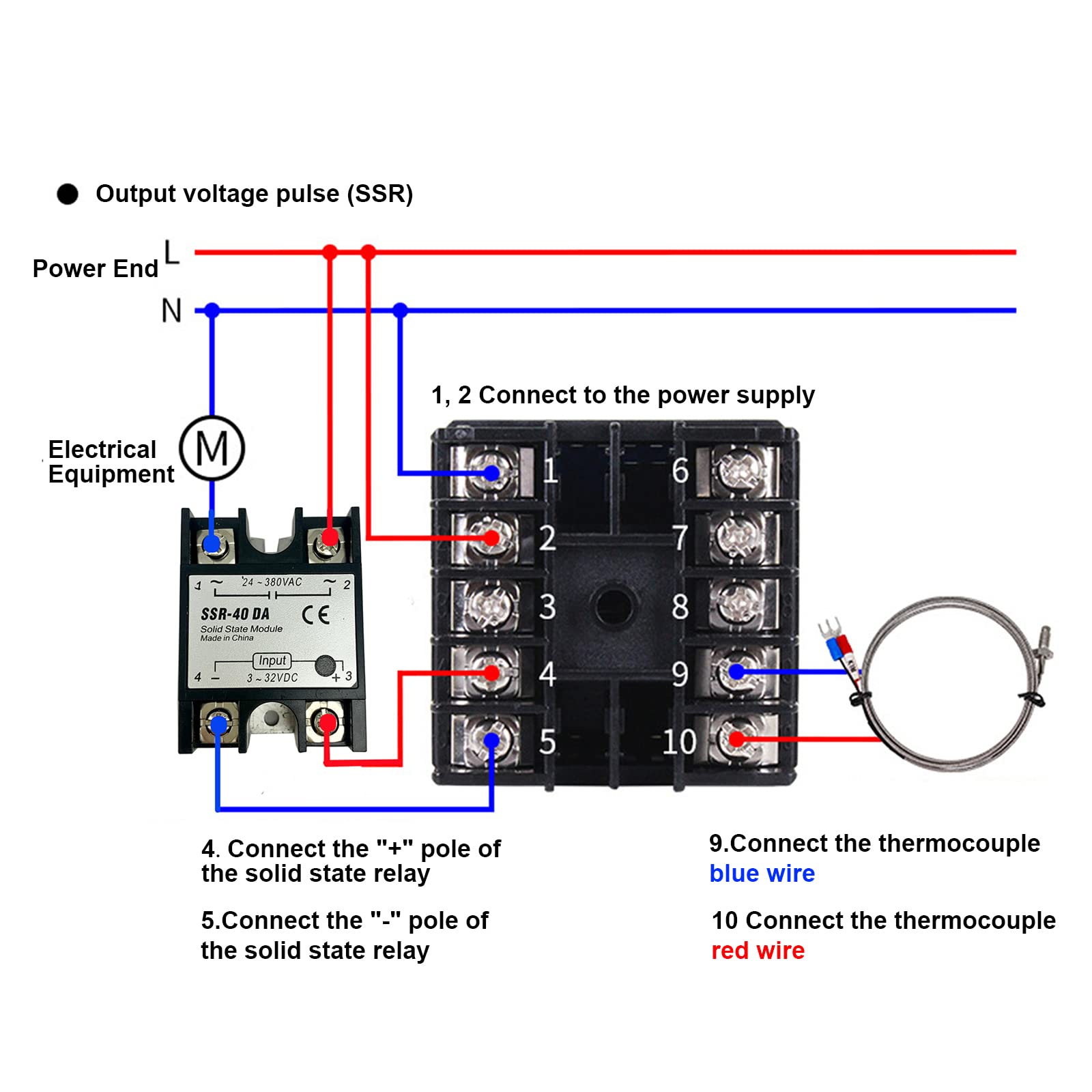 PID Contrôleur de Température Régulateurs REX-C100 0~1300 ℃ Thermostats Affichage Numérique avec K/PT100/E/J réglable Capteur, Relais à Semi-Conducteurs 40A+1M Thermocouple K Kit, SSR Sortie