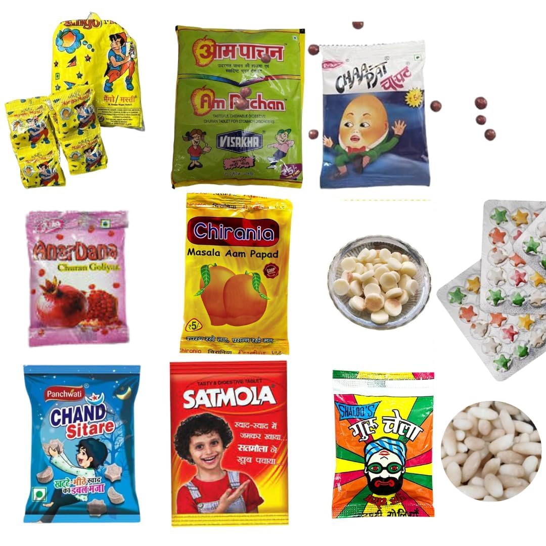 90's Candy (Combo Pack) Mango Masti |Anardana Goli|Chand Sitare|Aam Pachak|Masala Aam Papad|Satmola|Chapat Goli|Stars|Guru Chela|Hing goli|Nariyal Peda|Badam Peda 5Pcs Each Item|-image-43