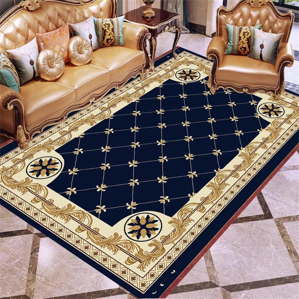 Tapis de salon 120x160cm bleu au motif floral vintage lavable en machine pour une déco soignée