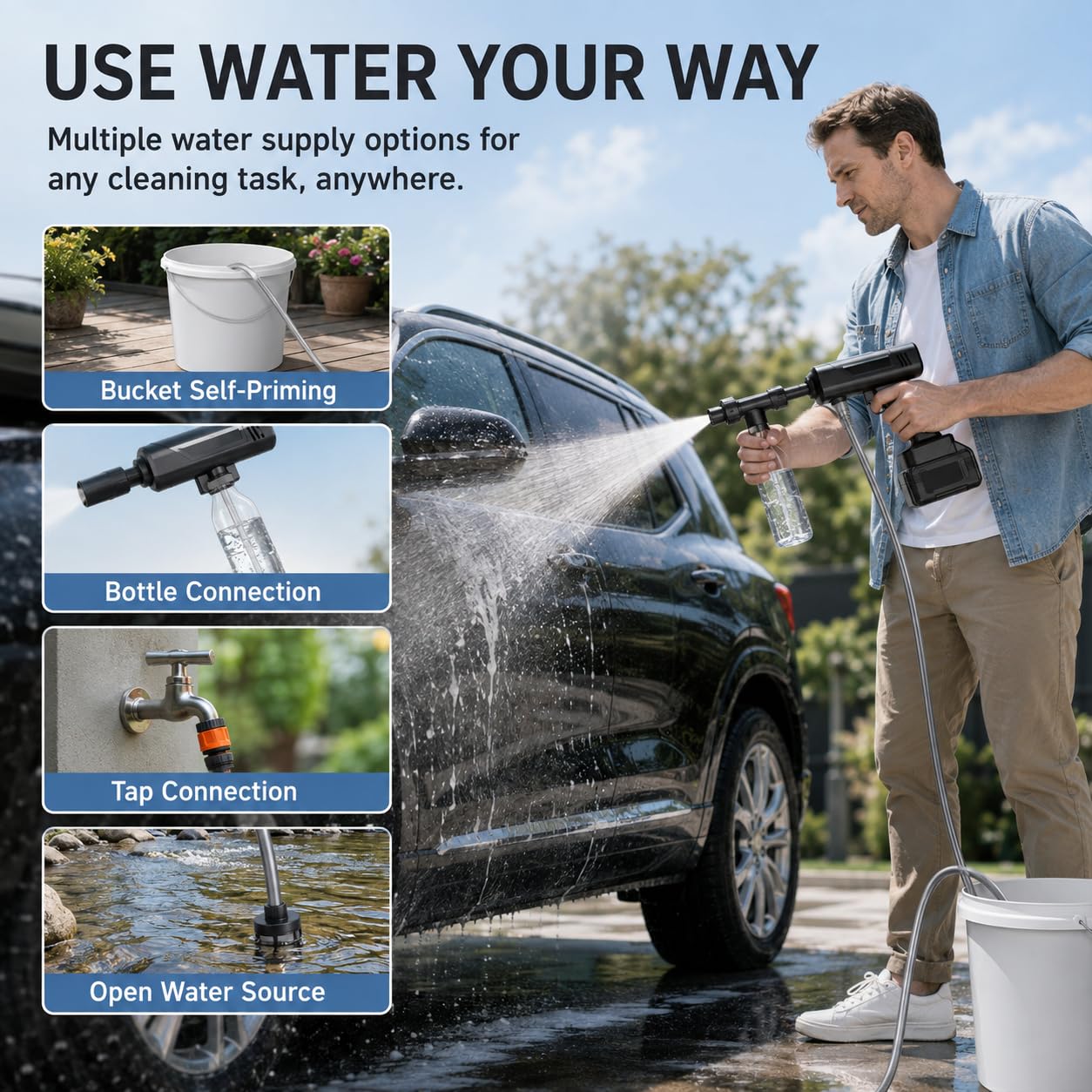Idropulitrice senza fili, pulitore per auto pieghevole con ugello 5-in-1
