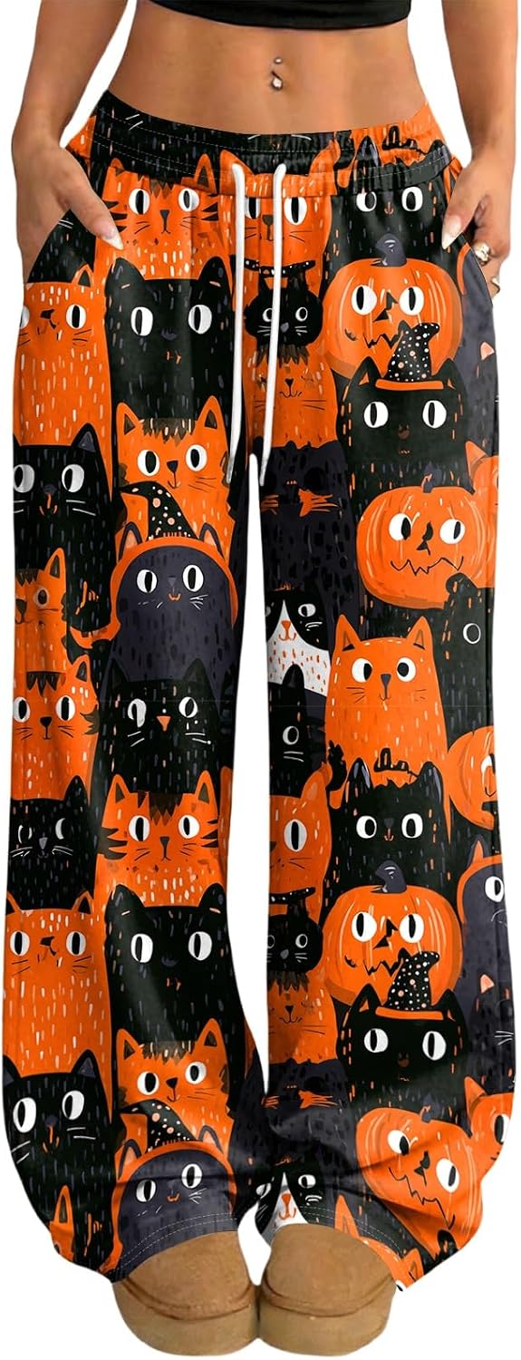 Women's Loose Halloween Print Pants with Pockets Drawstring Elastic Waist Casual Fall Holiday Party Trousers