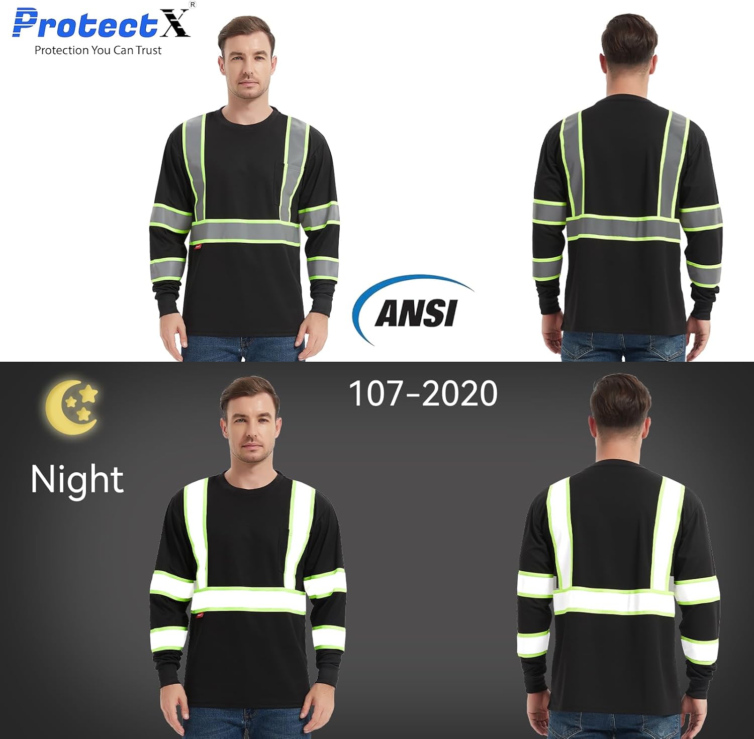 ProtectX High Visibility Long Sleeve Shirts Reflective Hi Vis Safety Shirt for Men Women Class 2-3 Construction Shirt 1 Pack - Image 3