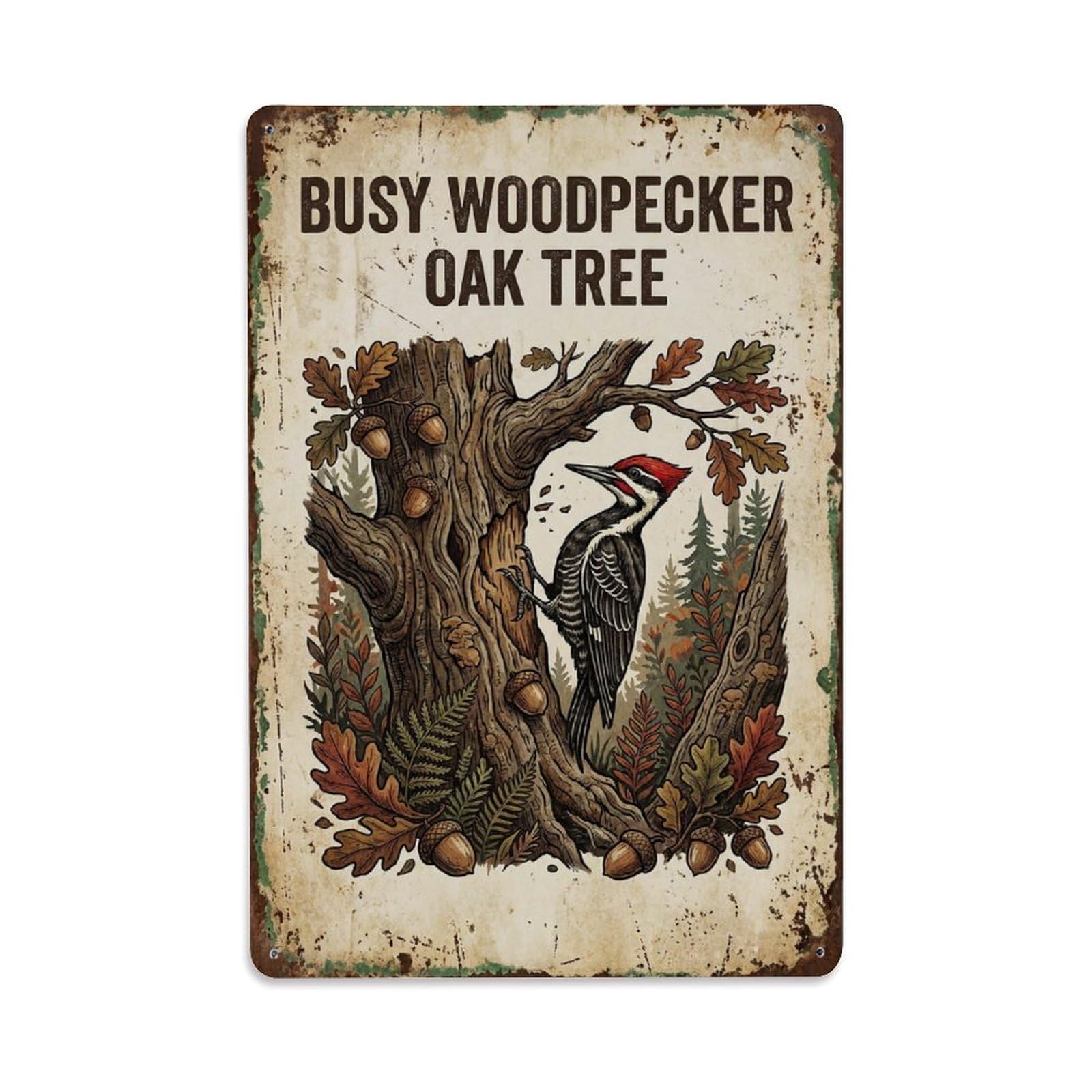 Busy Woodpecker Oak Tree Trunk Metal Tin Sign