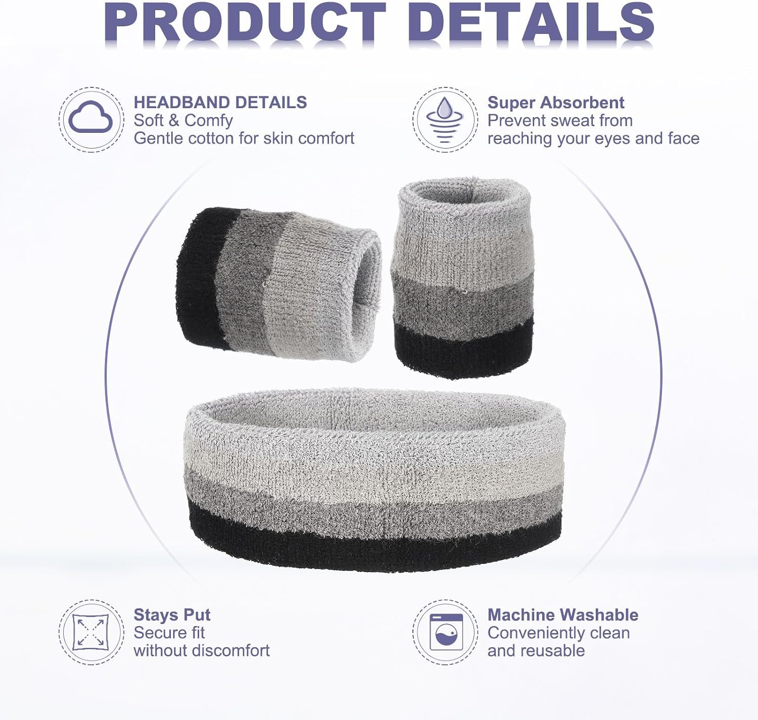 MECCANIXITY Sweat Band Set Sports Terry Cloth Headband Wristband Moisture Wicking Sweat Absorbing Head Band for Women Men Workout Exercise Basketball