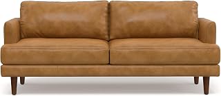 SIMPLIHOME Livingston Sofa - 76 inch Wide Top Grain Genuine Leather Sofa in Sienna, Mid-Century Modern Loveseat for Living Room with Removable Feather-Wrapped Cushions and Solid Wood Frame