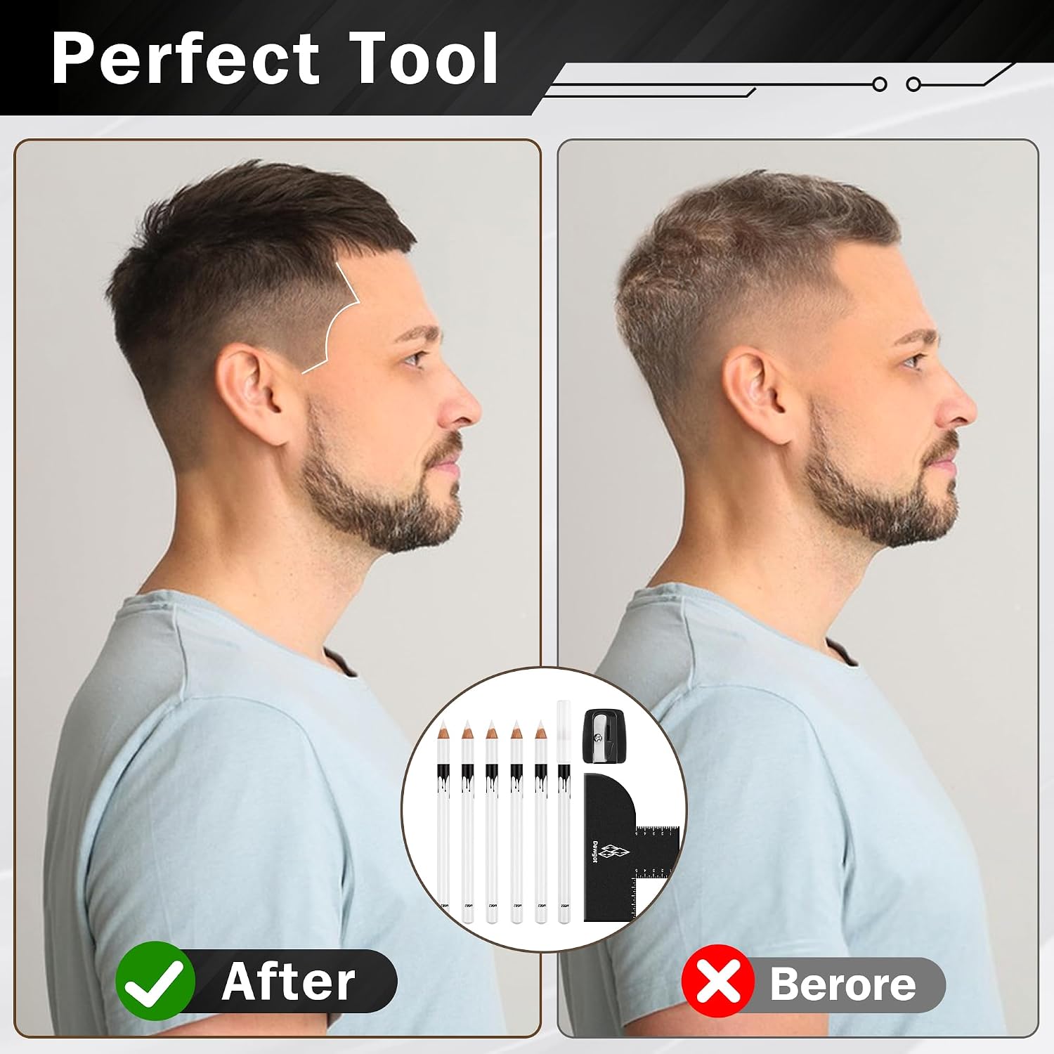 White Barber Pencil and Enhancement Card Set, for Barber Lineup Magic Hairline Beard Guide Shaping