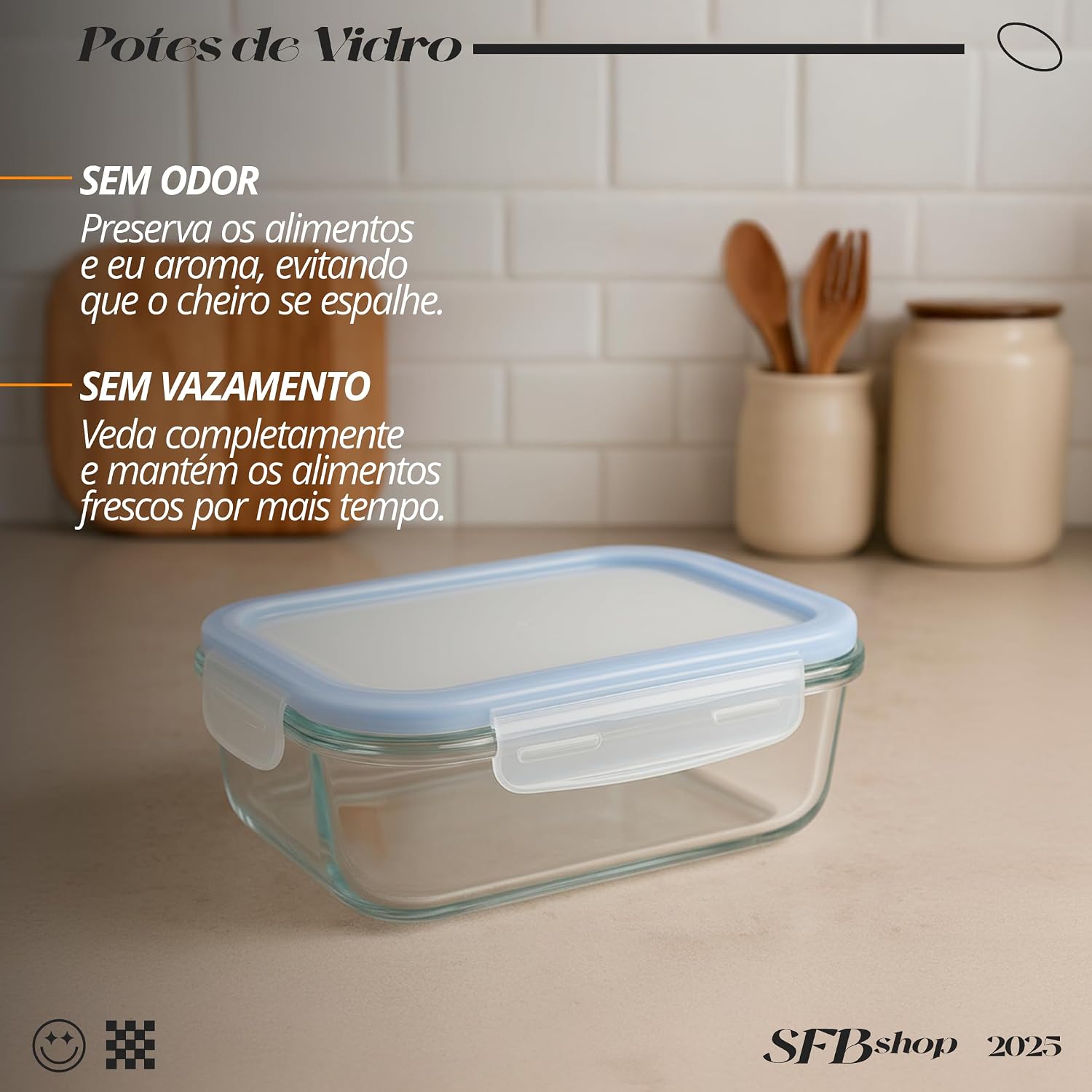Conjunto 5 Potes 640ml Vidro Hermético 4 Travas Marmita Refratario Fit Microondas Freezer Tampa Hermetica Retangular