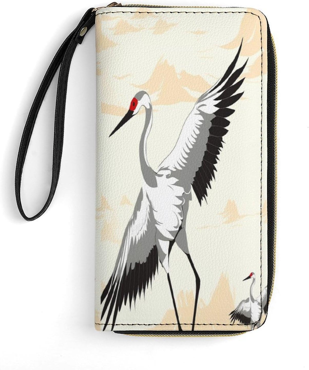 Womens Wallet Japanese Crane Printed Wristlet Wallets for Women Large Capacity Credit Card Holder Ladies Phone Clutch Leather Zip Around Clutch Wallet