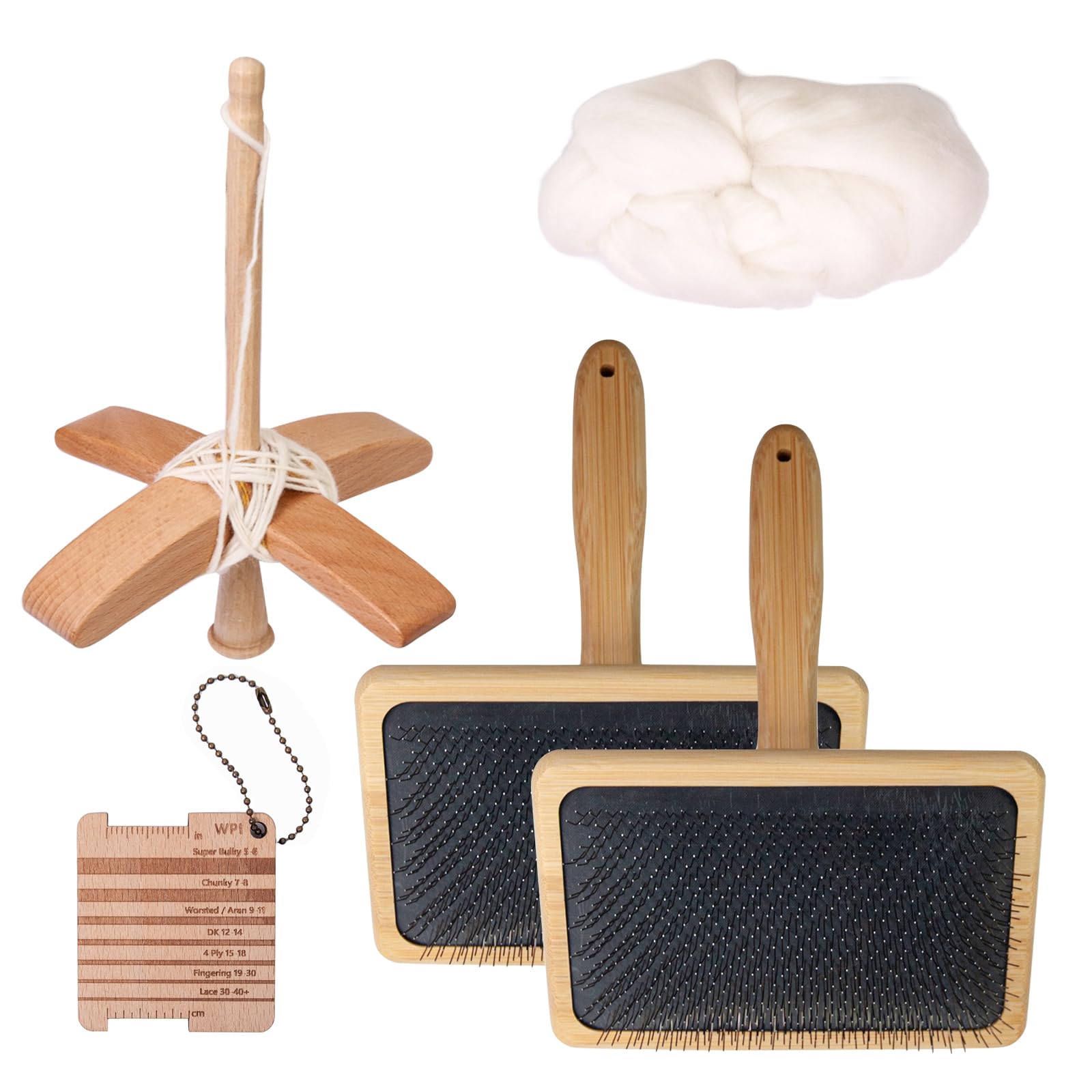 TALOEYH - Juego de 5 carders de cardado a mano, cartulinas de lana, herramientas de fieltro de aguja de lana artesanal con fibra de lana blanca de 50 g, eje de gota de madera y regla de calibre para