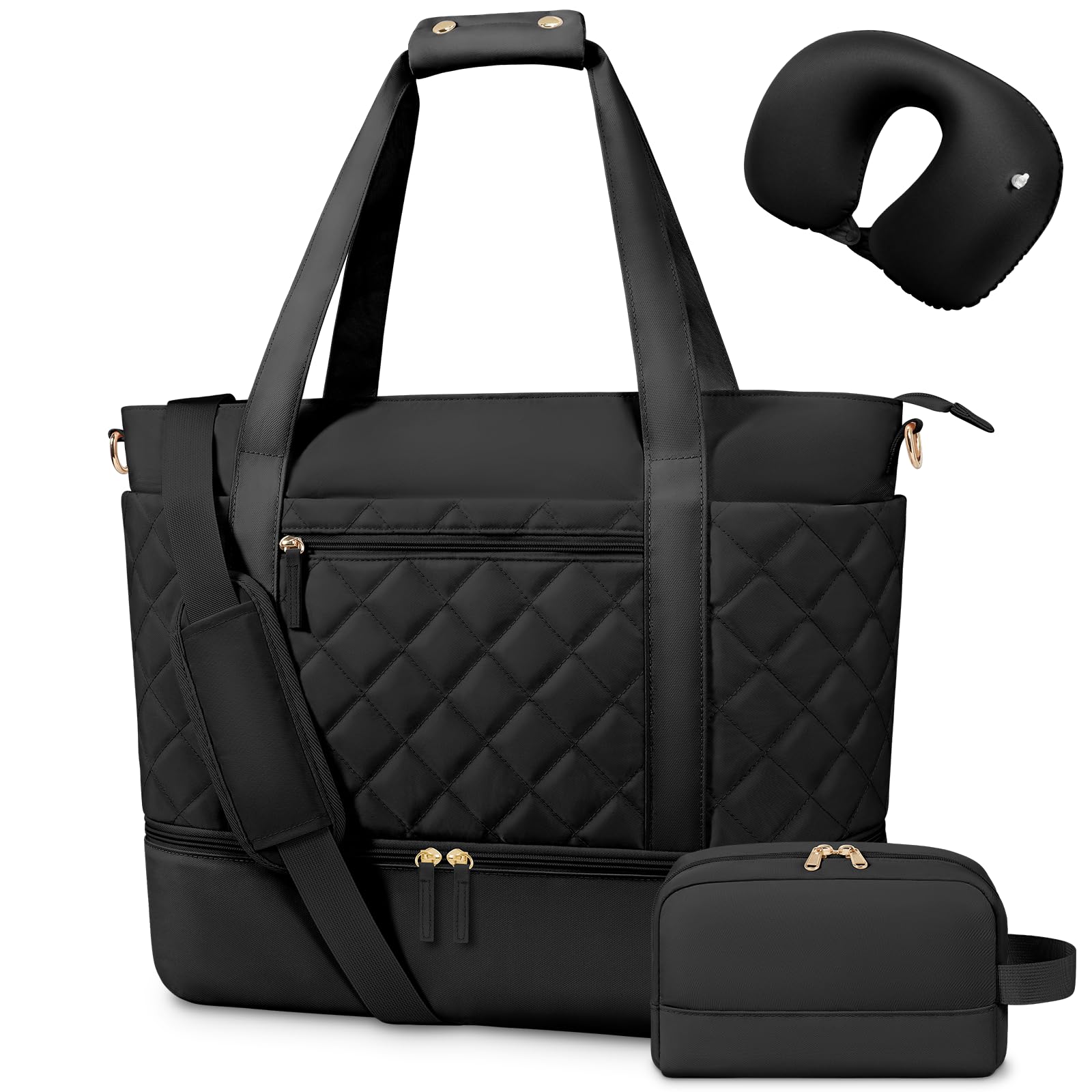 Gym Bag for Women, 3 pcs Set Expandable Travel Duffel Bag with Toiletry Bag & Neck Pillow, Carry on Tote Overnight Bag, Weekender Bag with Shoe Compartment,Hospital Bag, (Large-Black)