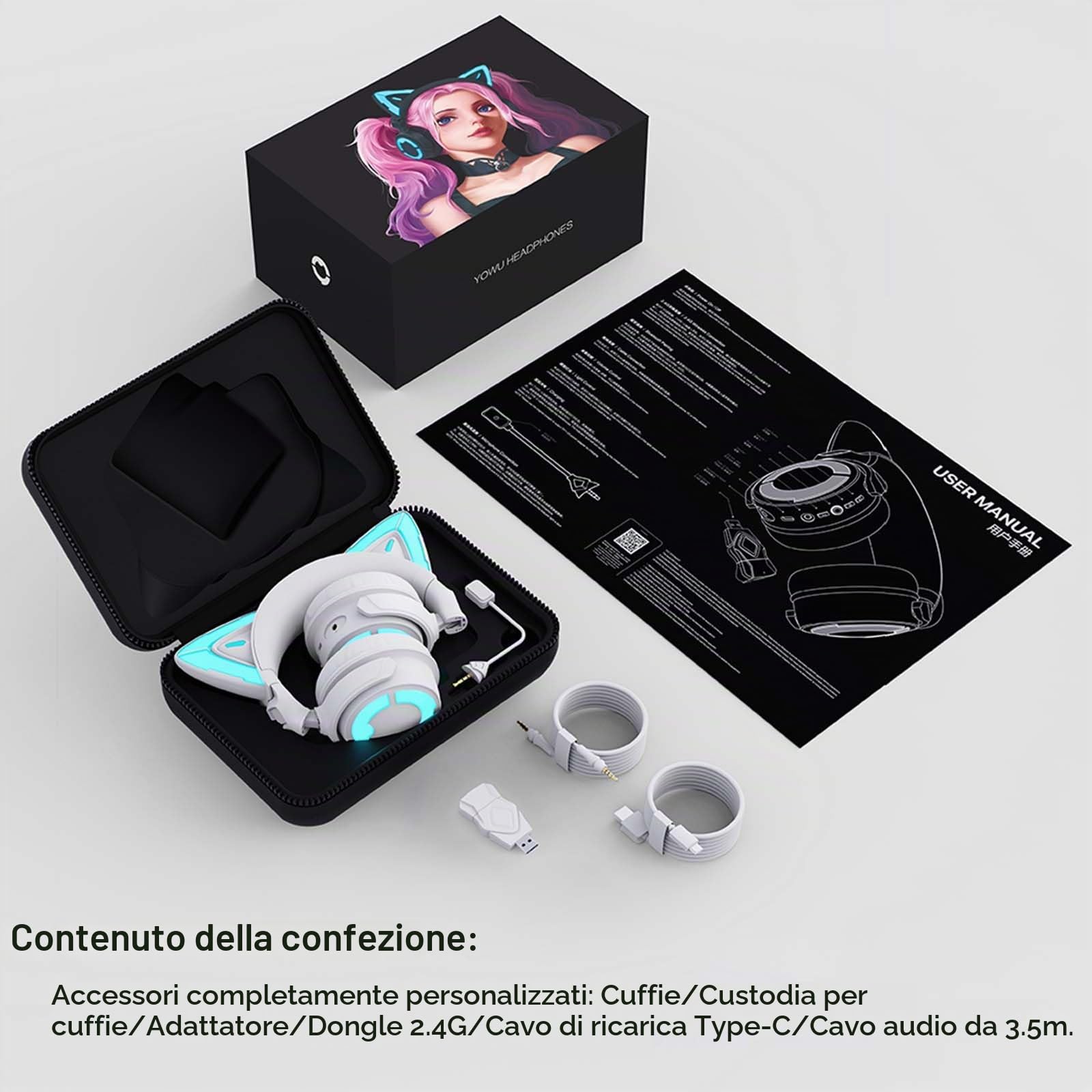 YOWU Cuffie RGB 4GS, cuffie da gioco wireless e cablate migliorate, con microfono HD, riduzione attiva del rumore (bianco)
