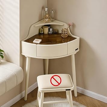 Corner Vanity Makeup Table with Storage Drawer, Cream Style Dressing Table Visible Glass Countertop, Solid Wood Legs, Laptop Desk for Bedroom Small Space