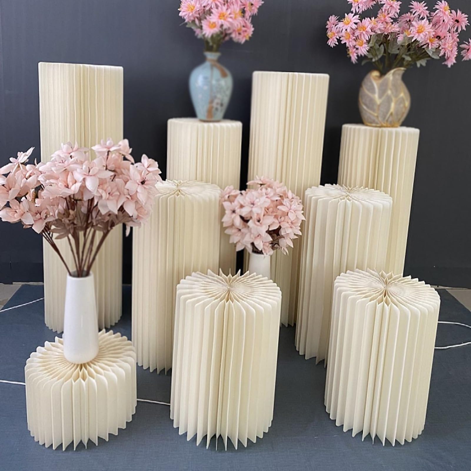 Papierowe stojaki na filary, Stojak na kwiaty, stojak, kolumna rzymska z papieru w kształcie cylindra(Beige,C)