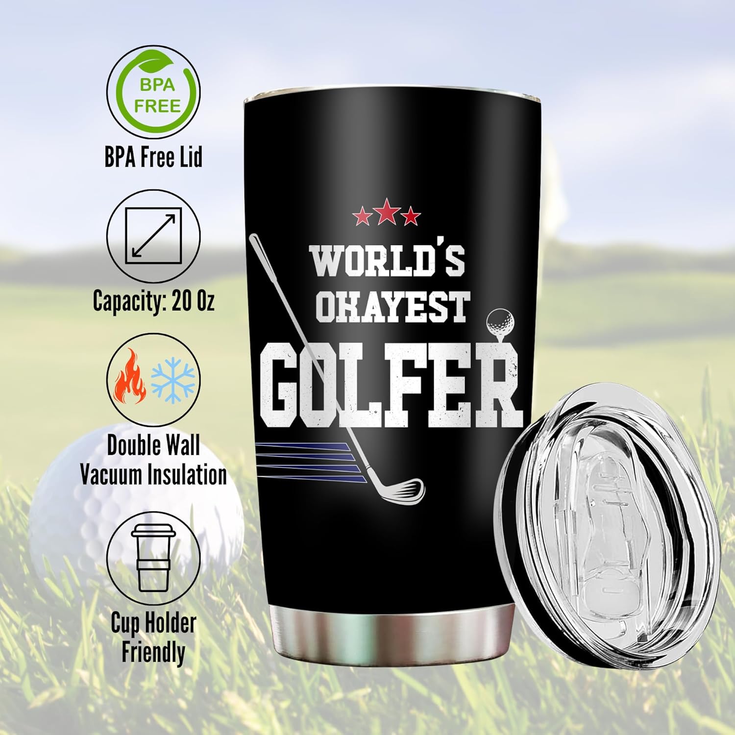 2IMT Golf Tumbler 20oz for Men Funny Travel Mug Birthday Gift Golf Lover Present for Dad Fathers Day Idea for Him Golfer Coffee Cup Outdoor Use Golfs Drinking Item Worlds Okayest Golfer Accessory - Image 2
